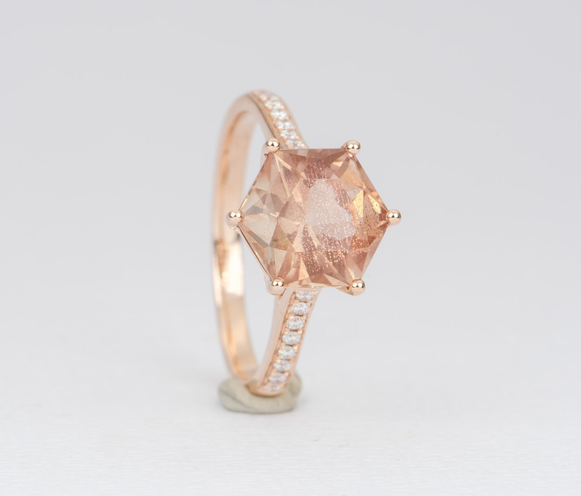 2.55ct Hexagon Shape Oregon Sunstone 14k Rose Gold Ring Diamond Pave Band AD2327 In New Condition In Osprey, FL
