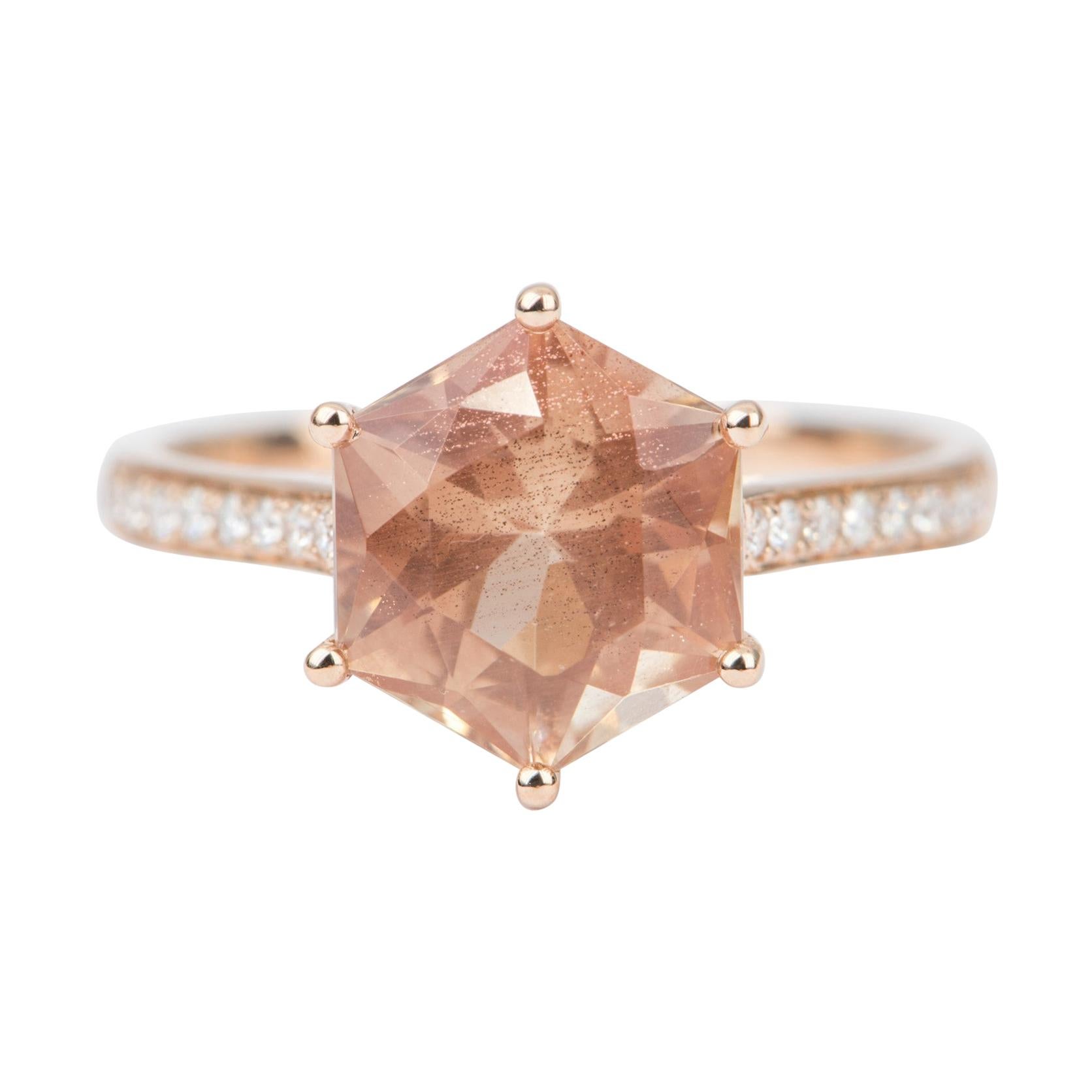 2.55ct Hexagon Shape Oregon Sunstone 14k Rose Gold Ring Diamond Pave Band AD2327