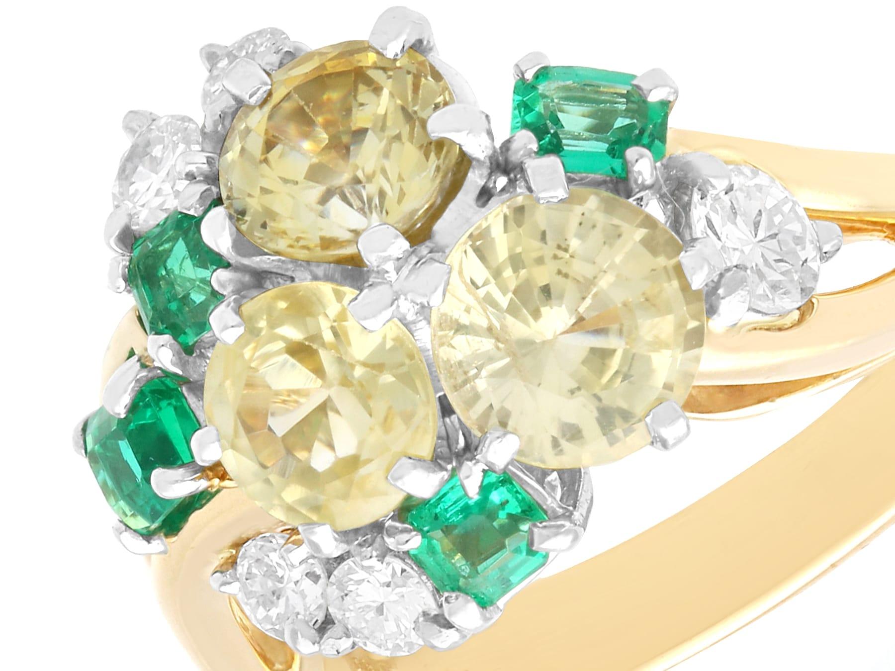 A stunning, fine and impressive 2.55 carat yellow sapphire, 0.68 carat emerald and 0.45 carat diamond, 18 karat yellow gold and platinum set dress ring; part of our diverse gemstone jewellery collections.

This stunning, fine and impressive vintage