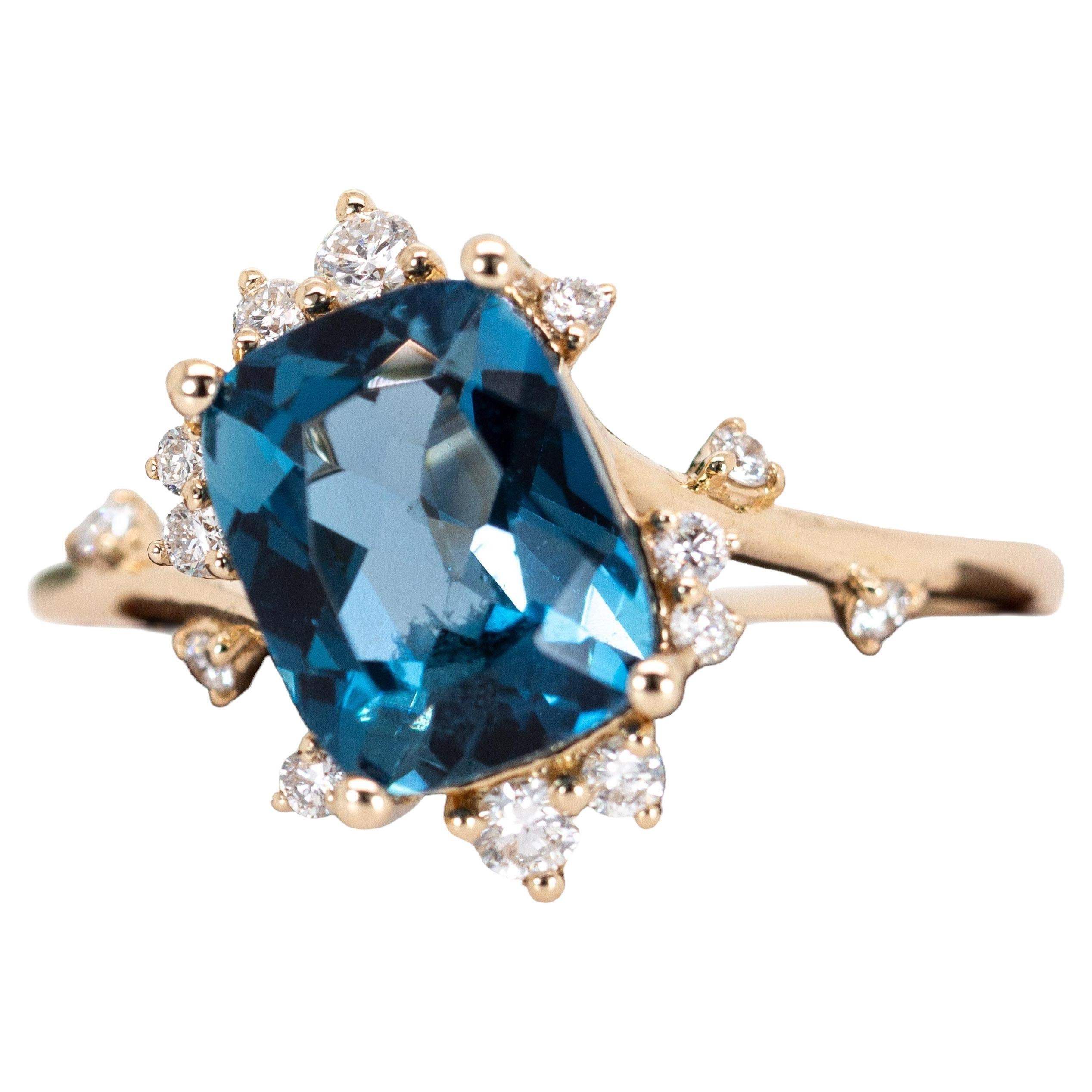 2.55cts London Blue Topaz Ring w Natural Diamonds in Solid 14K Gold  CU 9x7mm