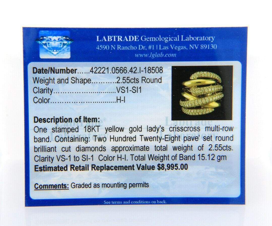 2,55ctw Diamant Crossover mehrreihigen Ring in 18K

Diamant-Crossover-Ring mehrreihig
18K Gelbgold
Karatgewicht der Diamanten: Ca. 2,55ctw
Reinheit: VS1 - SI1
Farbe: H - I
Ringbreite: ca. 21,0 MM
Ringgröße: 7.25 (US)
LGL-zertifiziert
Gewicht: Ca.