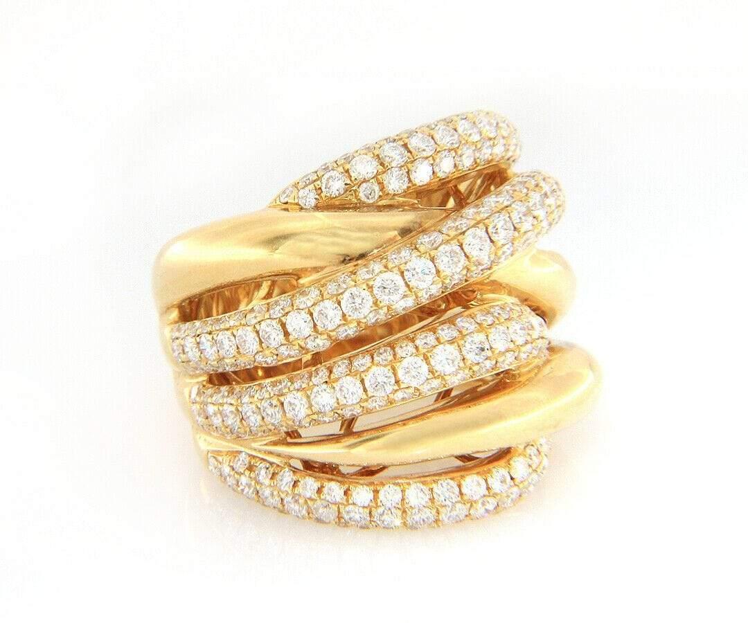 2,55 Karat Diamant Crossover Multi Row Ring aus 18 Karat Gelbgold (Rundschliff) im Angebot