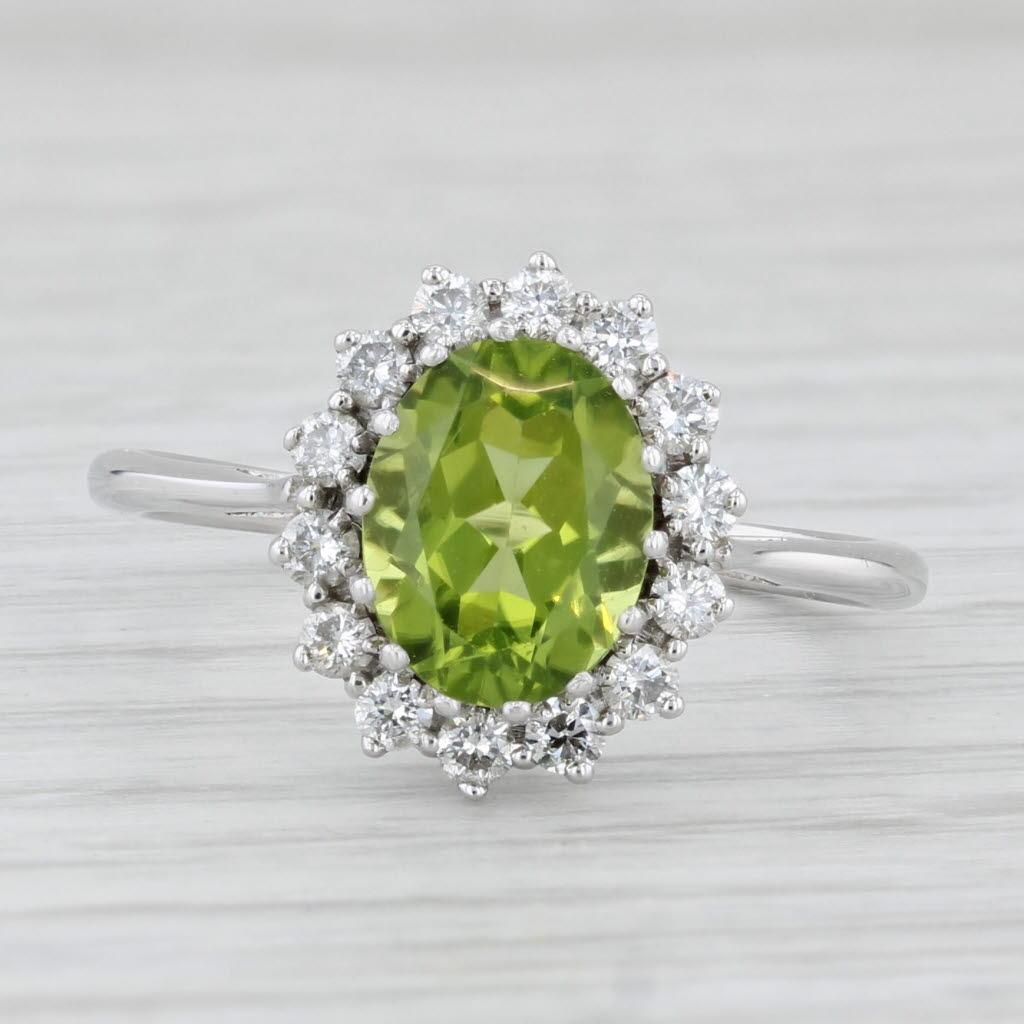2.55ctw Peridot Diamond Halo Ring 14k White Gold Size 8.5 In Good Condition For Sale In McLeansville, NC