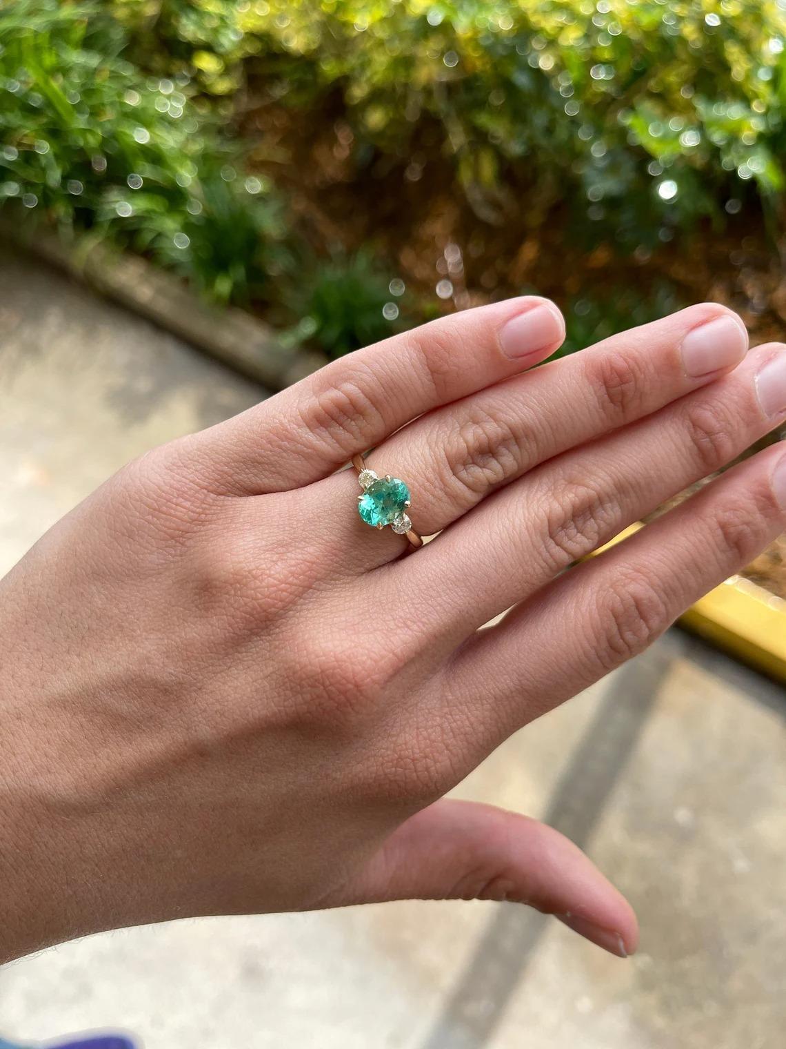 Modern 2.55tcw 14K Colombian Emerald-Oval Cut & Diamond Three Stone Ring For Sale