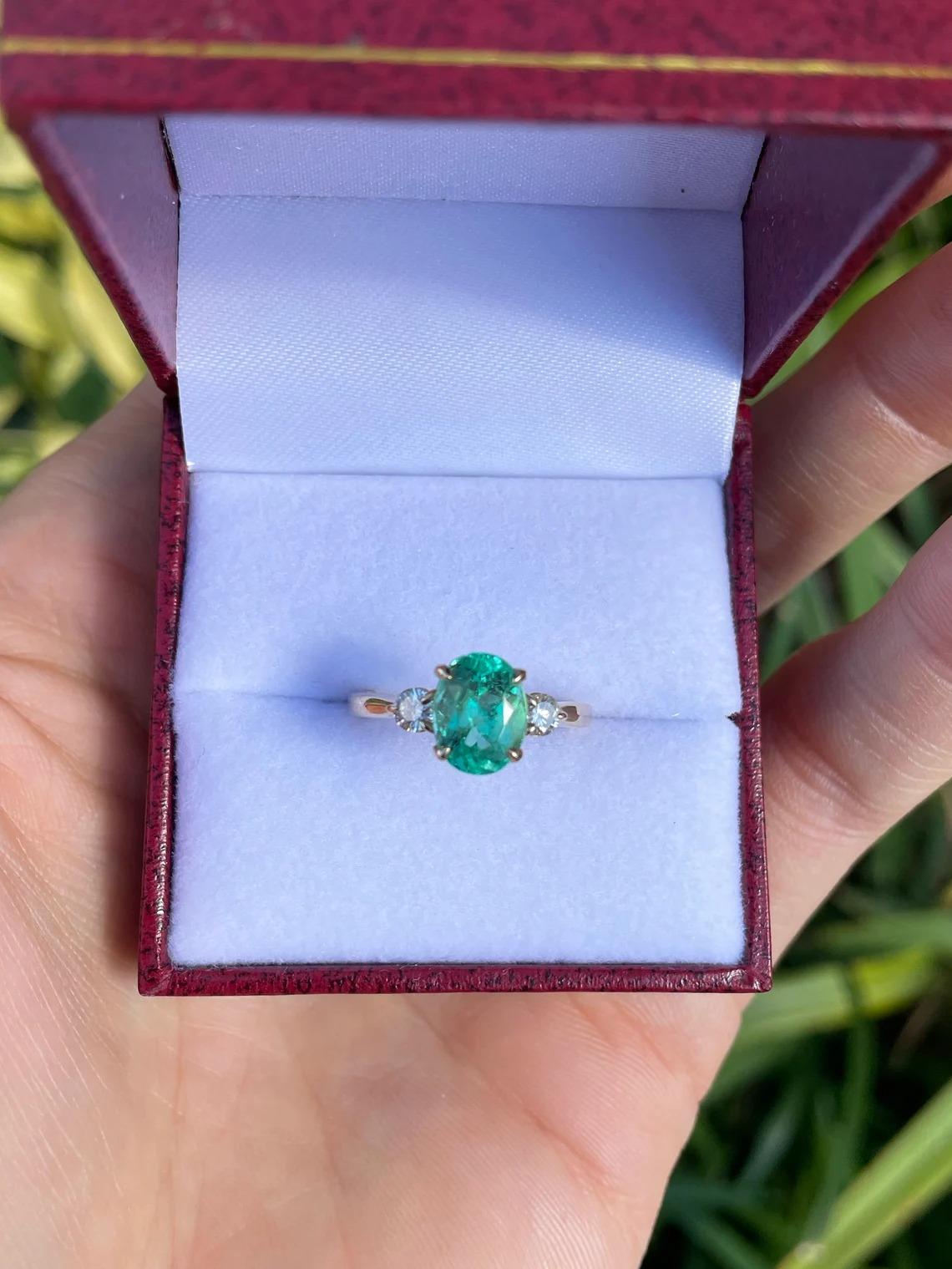 2.55tcw 14K Colombian Emerald-Oval Cut & Diamond Three Stone Ring For Sale 1