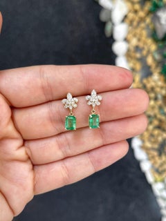 2.55tcw 14K Emerald & Diamond Fleur De Lis Dangle Earrings Yellow-Green Emerald