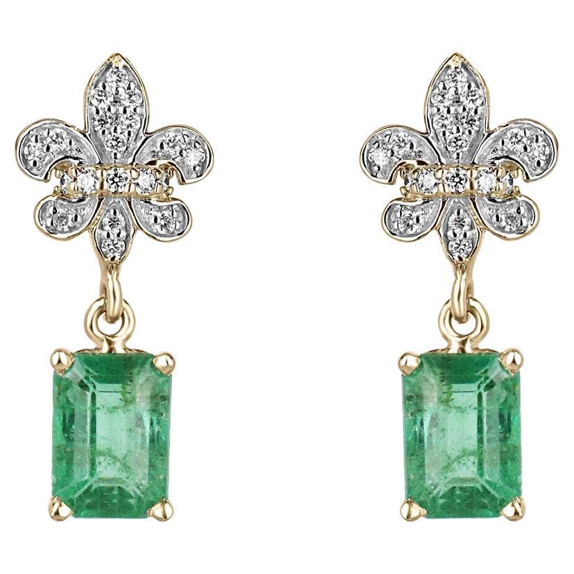 2.55tcw 14K Emerald & Diamond Fleur De Lis Dangle Earrings Yellow-Green Emerald