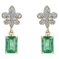 Pendientes Colgantes Flor de Lis de Esmeralda y Diamante de 2,55 qt 14K Esmeralda Amarillo-Verde
