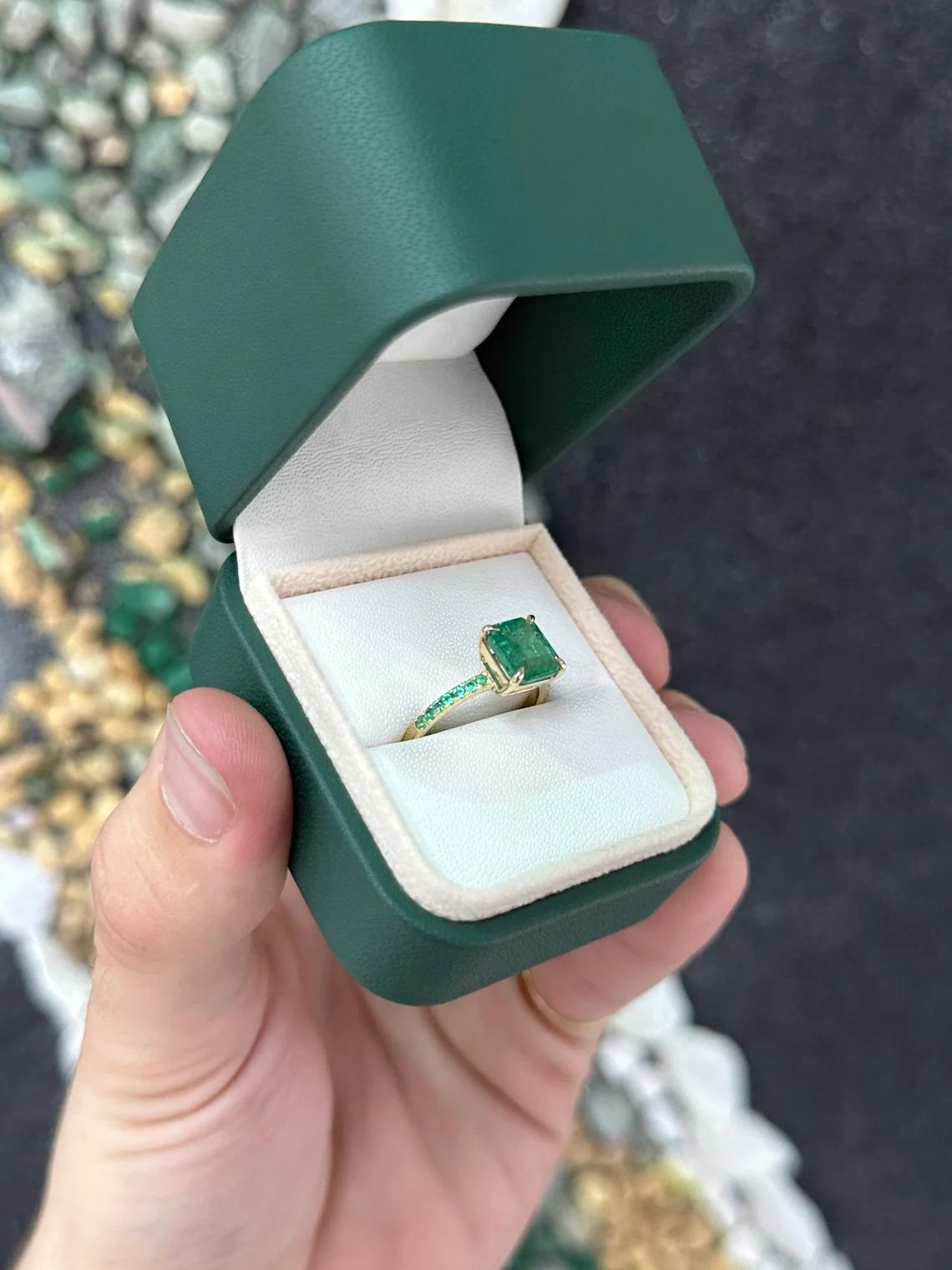 Women's 2.55tcw 14K Lush Vivid Green Emerald Cut Emerald & Round Emerald Accent Ring For Sale