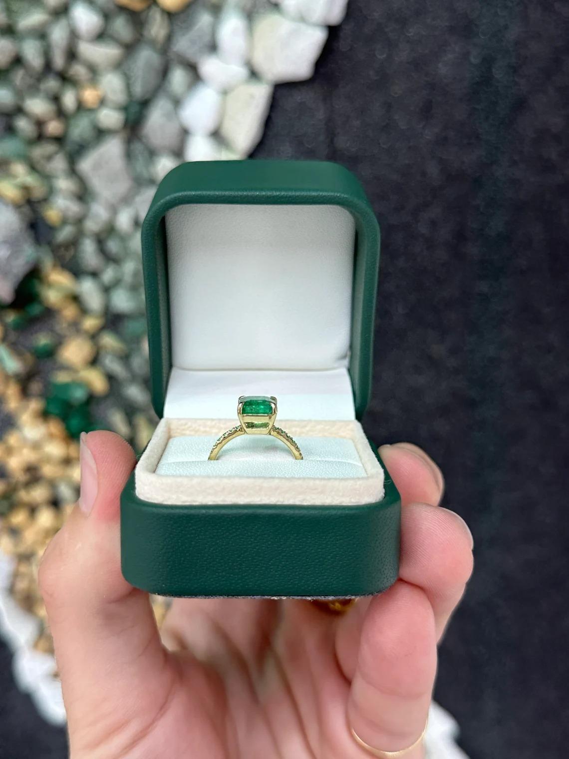 2.55tcw 14K Lush Vivid Green Emerald Cut Emerald & Round Emerald Accent Ring For Sale 1