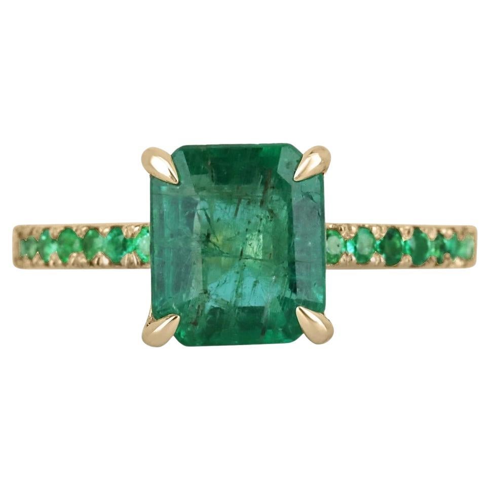 2.55tcw 14K Lush Vivid Green Emerald Cut Emerald & Round Emerald Accent Ring For Sale