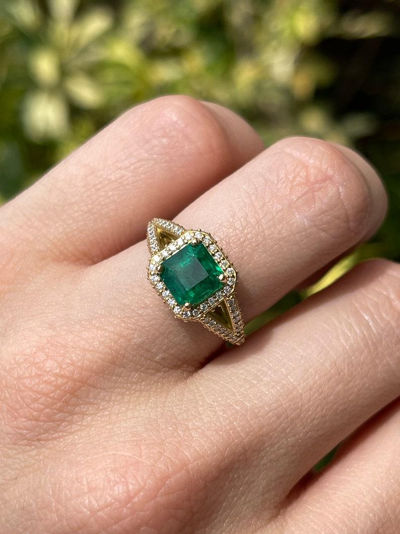Modern 2.55tcw 18K Asscher Cut Emerald & Diamond Ring - Deep Green Split Shank Halo For Sale