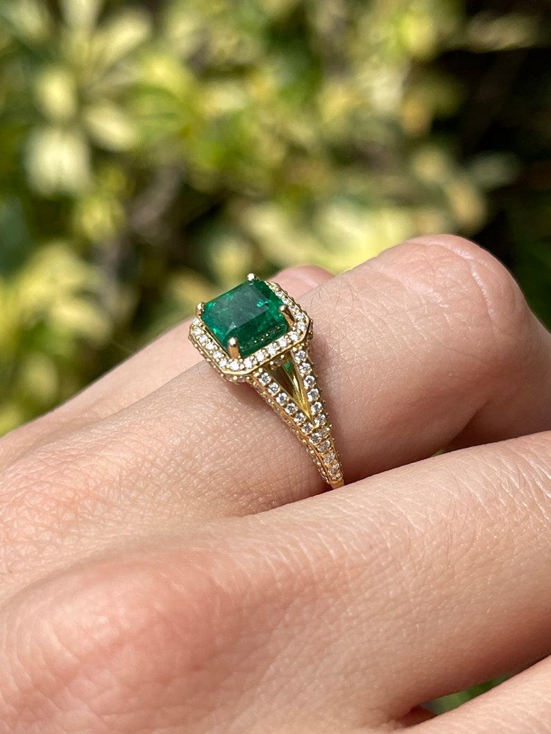 2.55tcw 18K Asscher Cut Emerald & Diamond Ring - Deep Green Split Shank Halo In New Condition For Sale In Jupiter, FL
