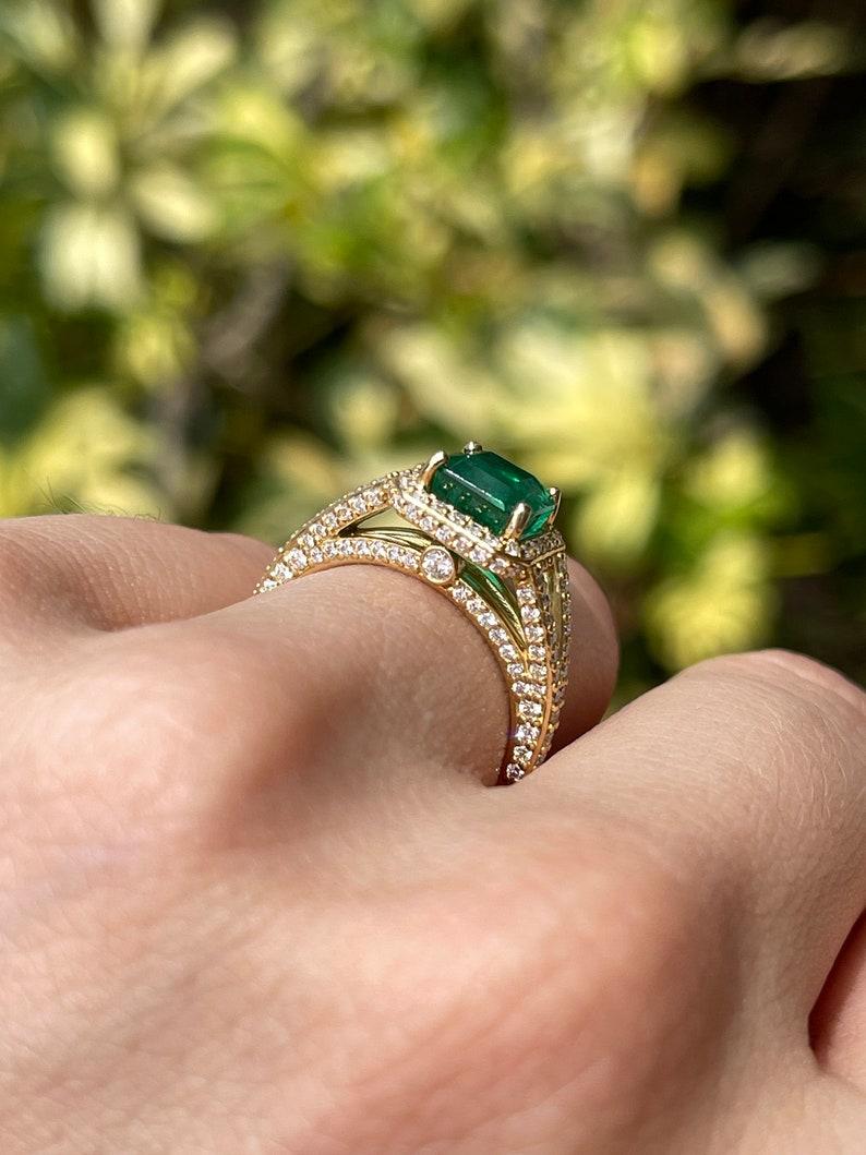 Women's 2.55tcw 18K Asscher Cut Emerald & Diamond Ring - Deep Green Split Shank Halo For Sale