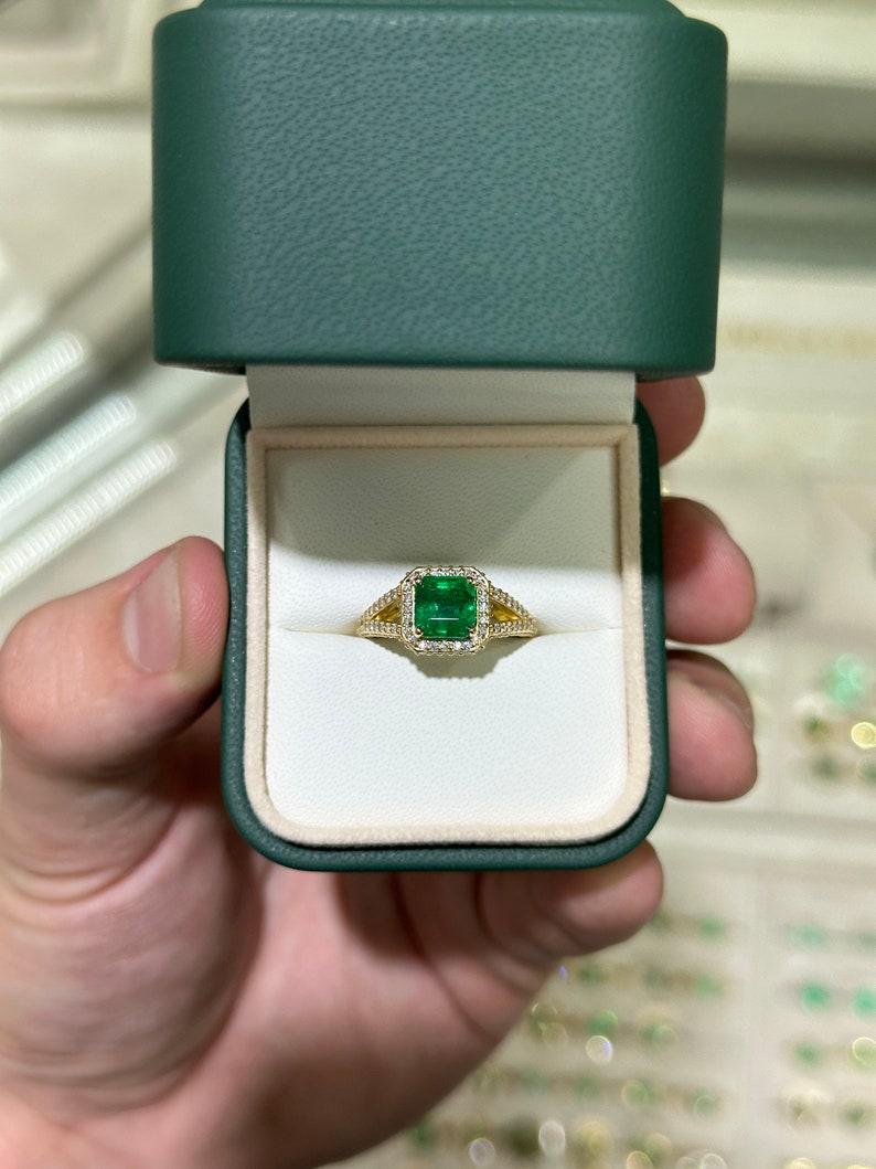 2.55tcw 18K Asscher Cut Emerald & Diamond Ring - Deep Green Split Shank Halo For Sale 1