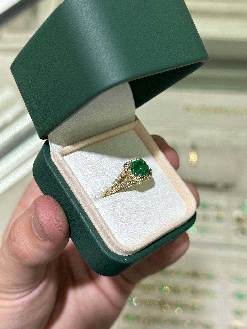 2.55tcw 18K Asscher Cut Emerald & Diamond Ring - Deep Green Split Shank Halo For Sale 2
