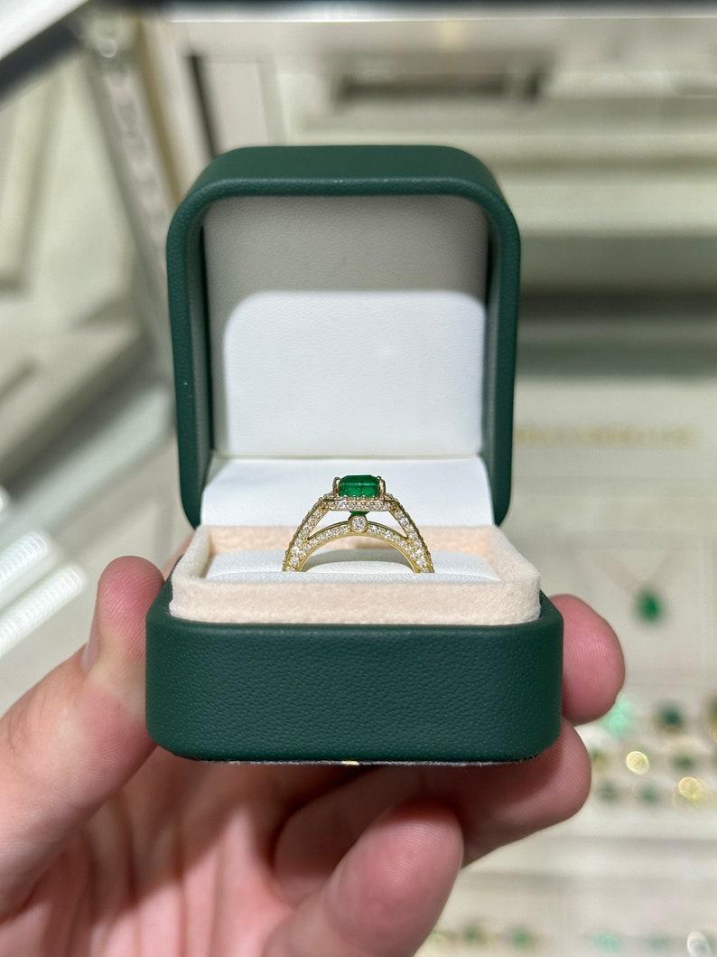2.55tcw 18K Asscher Cut Emerald & Diamond Ring - Deep Green Split Shank Halo For Sale 3