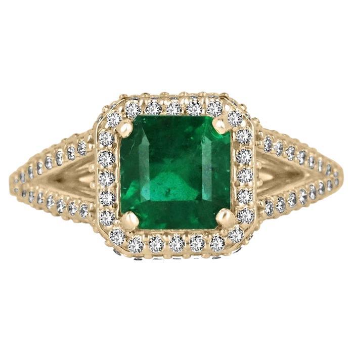 2.55tcw 18K Asscher Cut Emerald & Diamond Ring - Deep Green Split Shank Halo For Sale