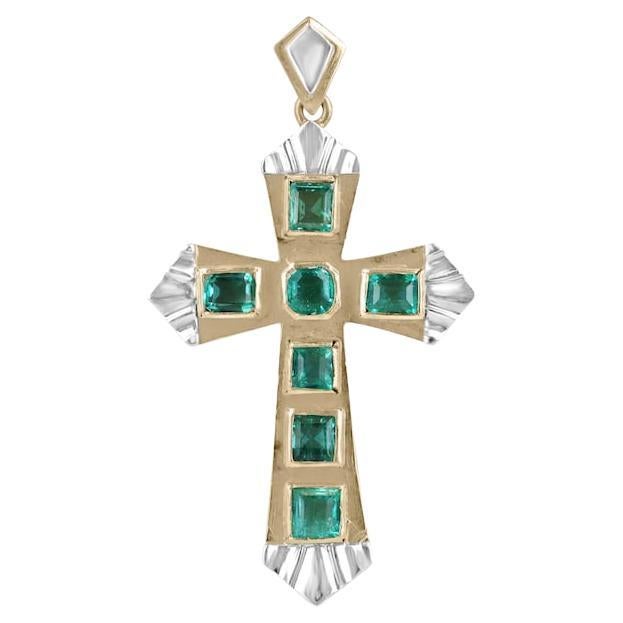 2.55tcw 18K Pre-Colombian Gold Cross - Unisex Emerald Cut Two-Tone Pendant 750