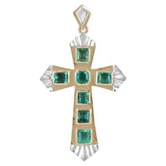 2.55tcw 18K Pre-Colombian Gold Cross - Unisex Emerald Cut Two-Tone Pendant 750