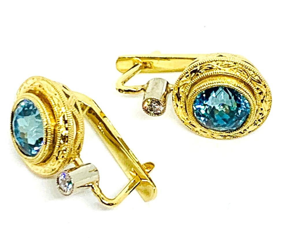 Artisan 6.35 Carat Blue Zircon and Diamond 18k Yellow Gold Lever Back Earrings