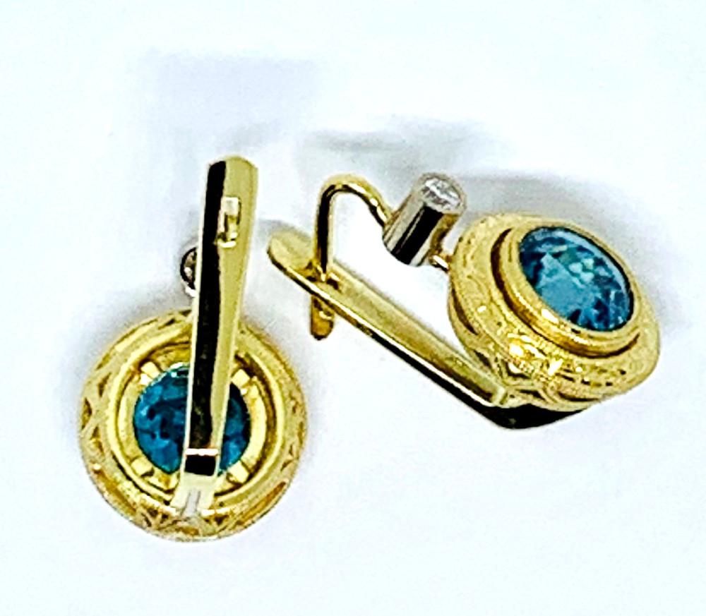 6.35 Carat Blue Zircon and Diamond 18k Yellow Gold Lever Back Earrings In New Condition In Los Angeles, CA