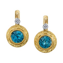 6.35 Carat Blue Zircon and Diamond 18k Yellow Gold Lever Back Earrings