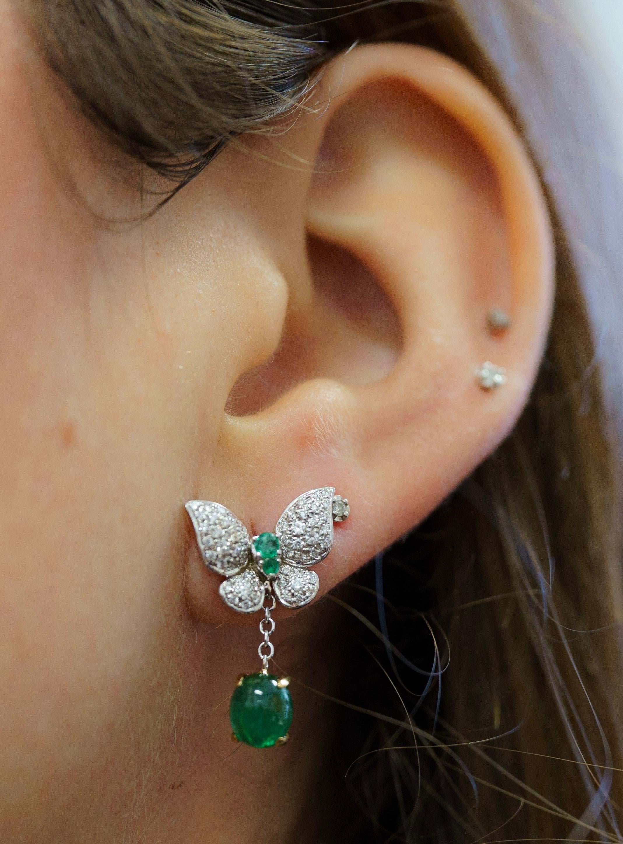 Modern 2.56 Carat Cabochon Emerald & Diamond Butterfly Drop Earrings in 18K Gold  For Sale