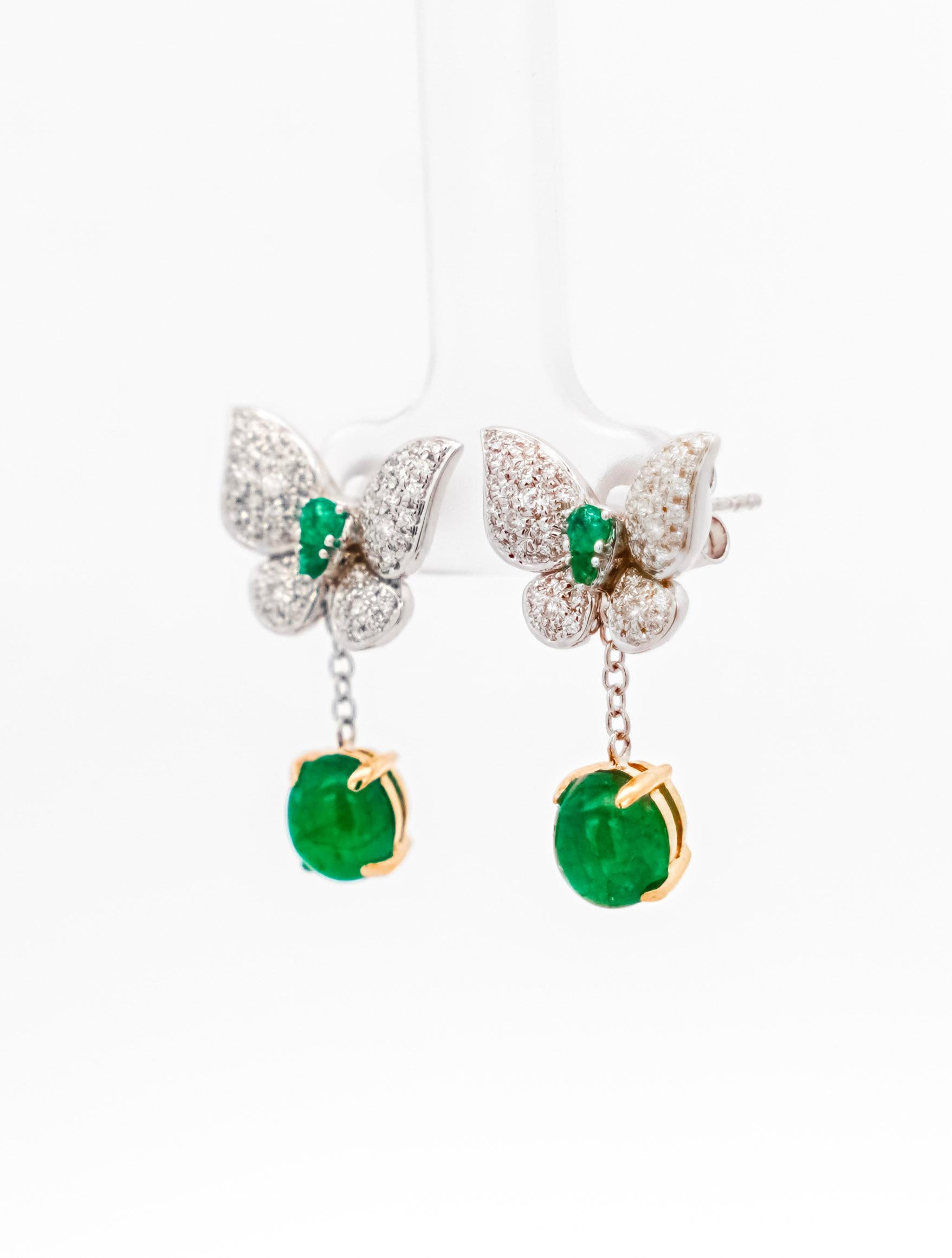 Women's 2.56 Carat Cabochon Emerald & Diamond Butterfly Drop Earrings in 18K Gold  For Sale
