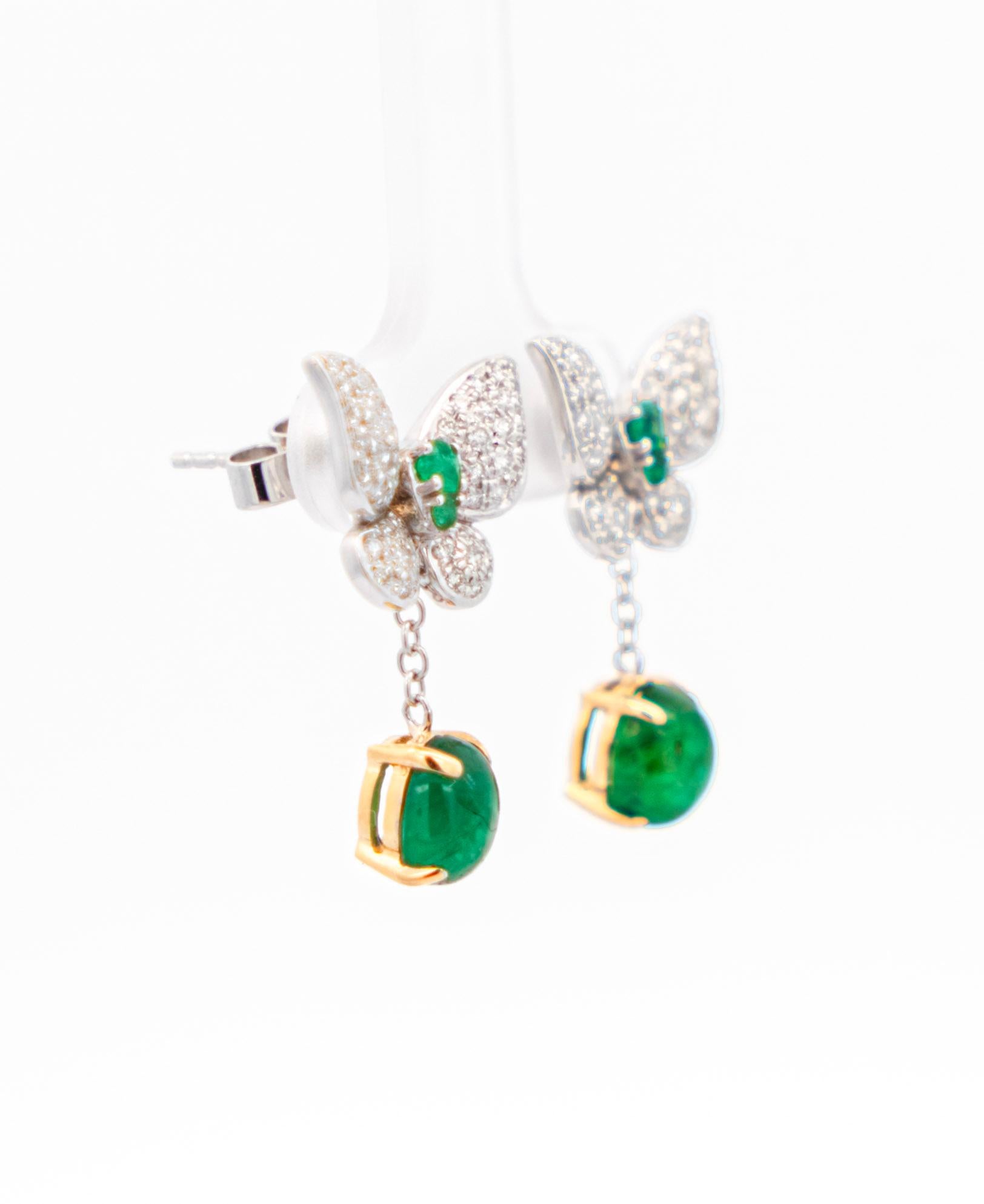 2.56 Carat Cabochon Emerald & Diamond Butterfly Drop Earrings in 18K Gold  For Sale 1