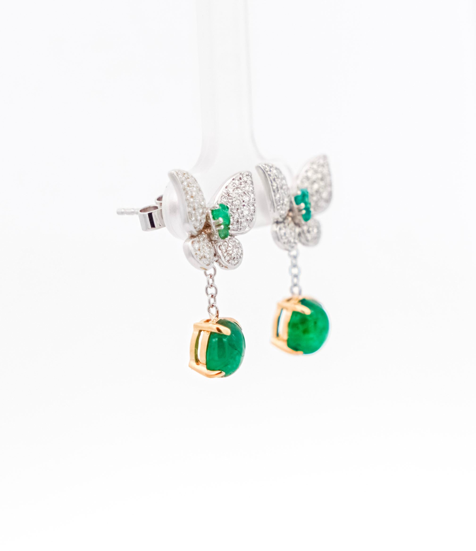 2.56 Carat Cabochon Emerald & Diamond Butterfly Drop Earrings in 18K Gold  For Sale 2
