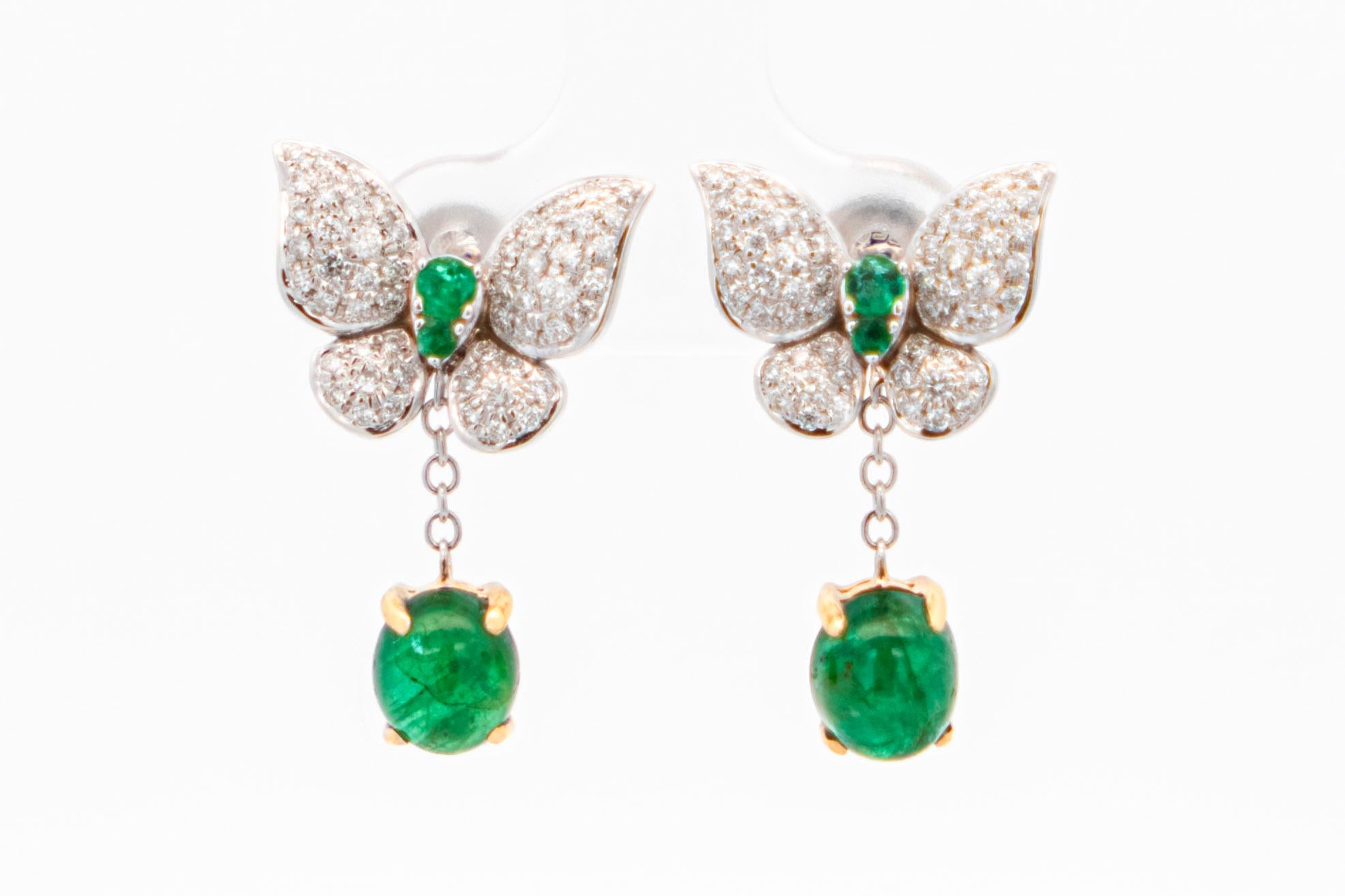 2.56 Carat Cabochon Emerald & Diamond Butterfly Drop Earrings in 18K Gold  For Sale 3