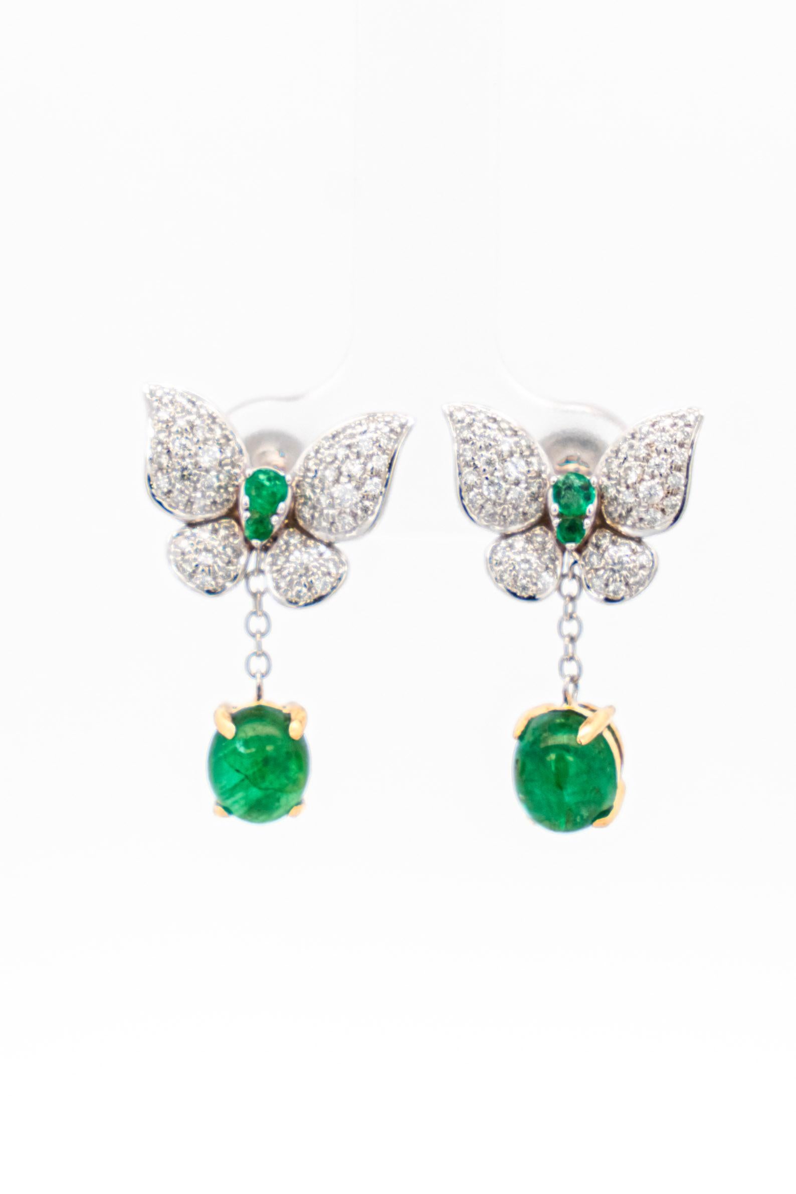 2.56 Carat Cabochon Emerald & Diamond Butterfly Drop Earrings in 18K Gold  For Sale 4