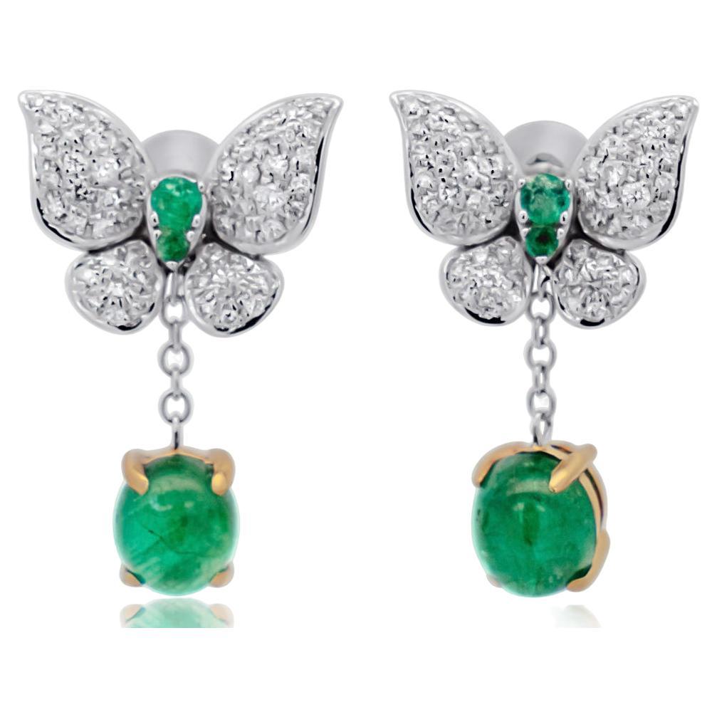 2.56 Carat Cabochon Emerald & Diamond Butterfly Drop Earrings in 18K Gold For Sale