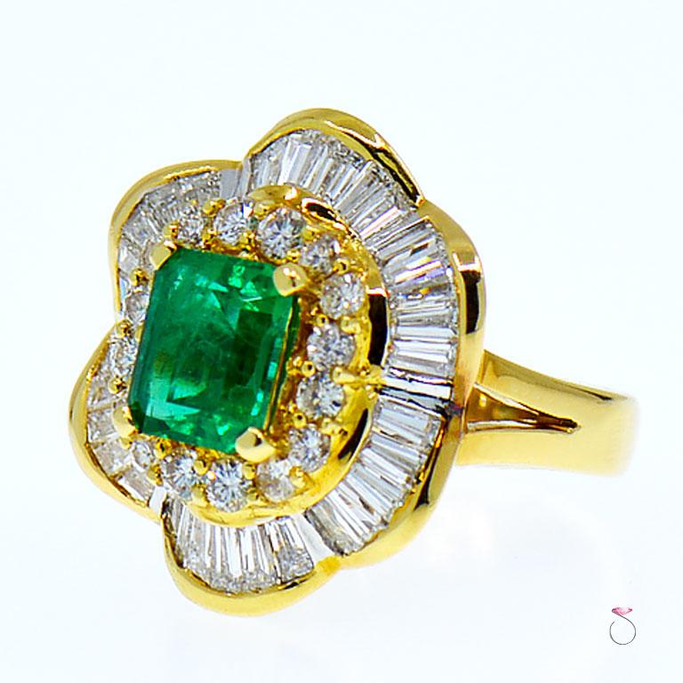 Emerald Cut 2.56 Carat Colombian Emerald and Diamond Ballerina Ring