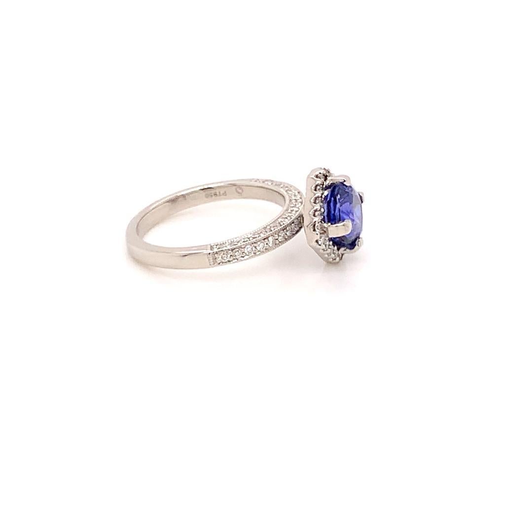 Women's 2.56 Carat Cushion Cut Blue Sapphire and Diamond Ring in Platinum For Sale