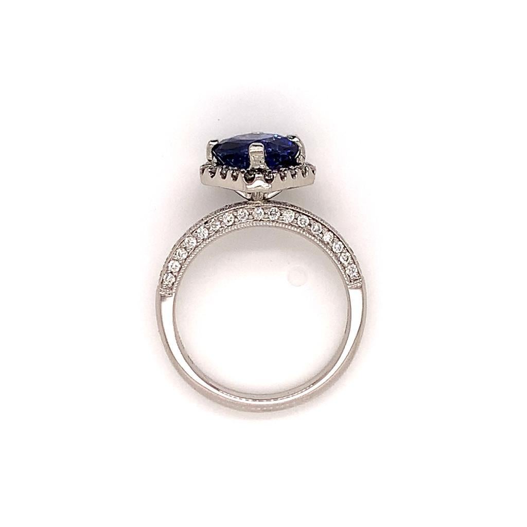 2.56 Carat Cushion Cut Blue Sapphire and Diamond Ring in Platinum For Sale 1