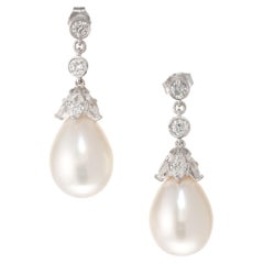 2.56 Carat Diamond Tear Drop South Sea Cultured Pearl Platinum Dangle Earrings