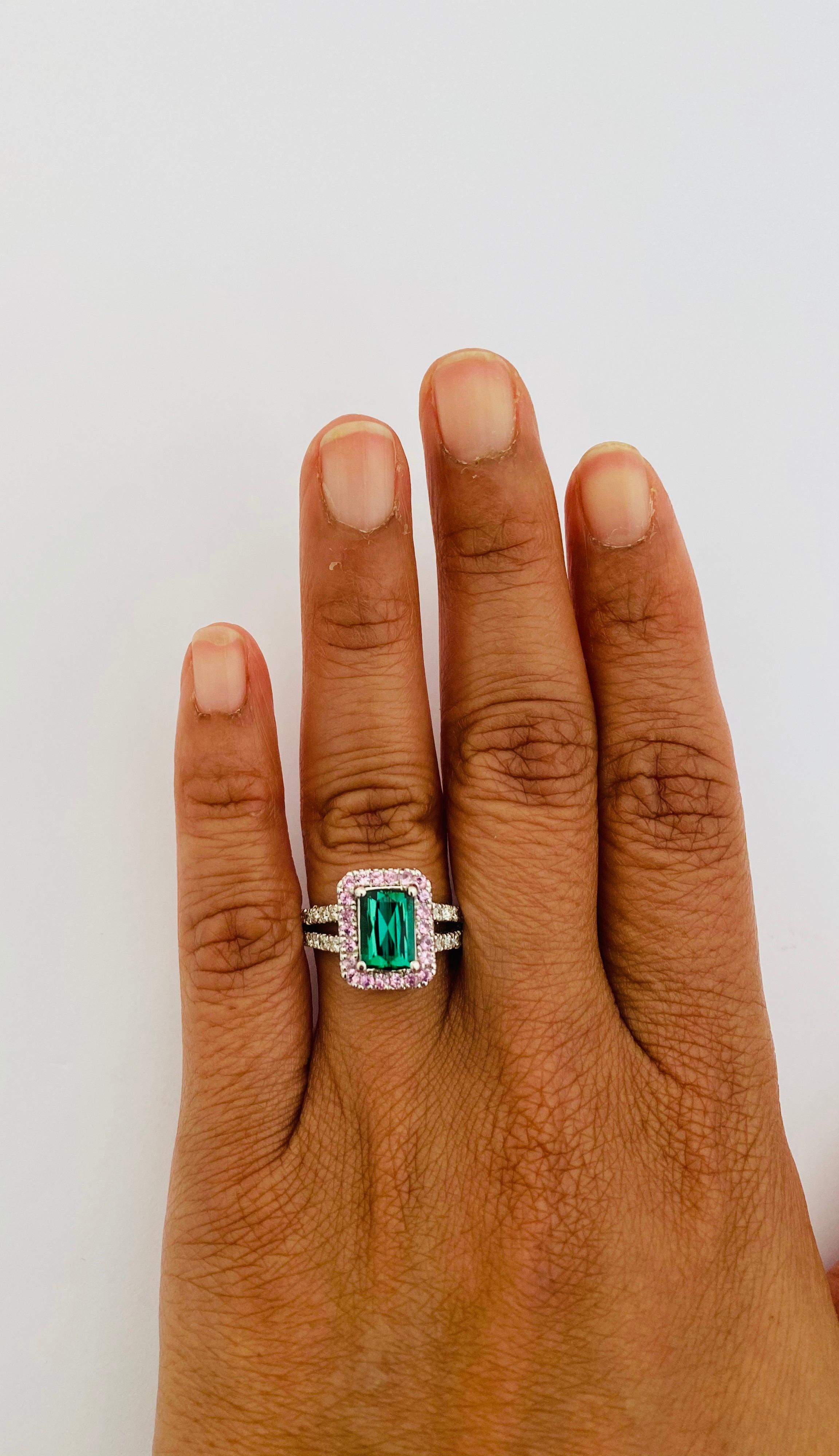 Emerald Cut 2.56 Carat Green Tourmaline, Sapphire and Diamond Ring 14 Karat White Gold For Sale