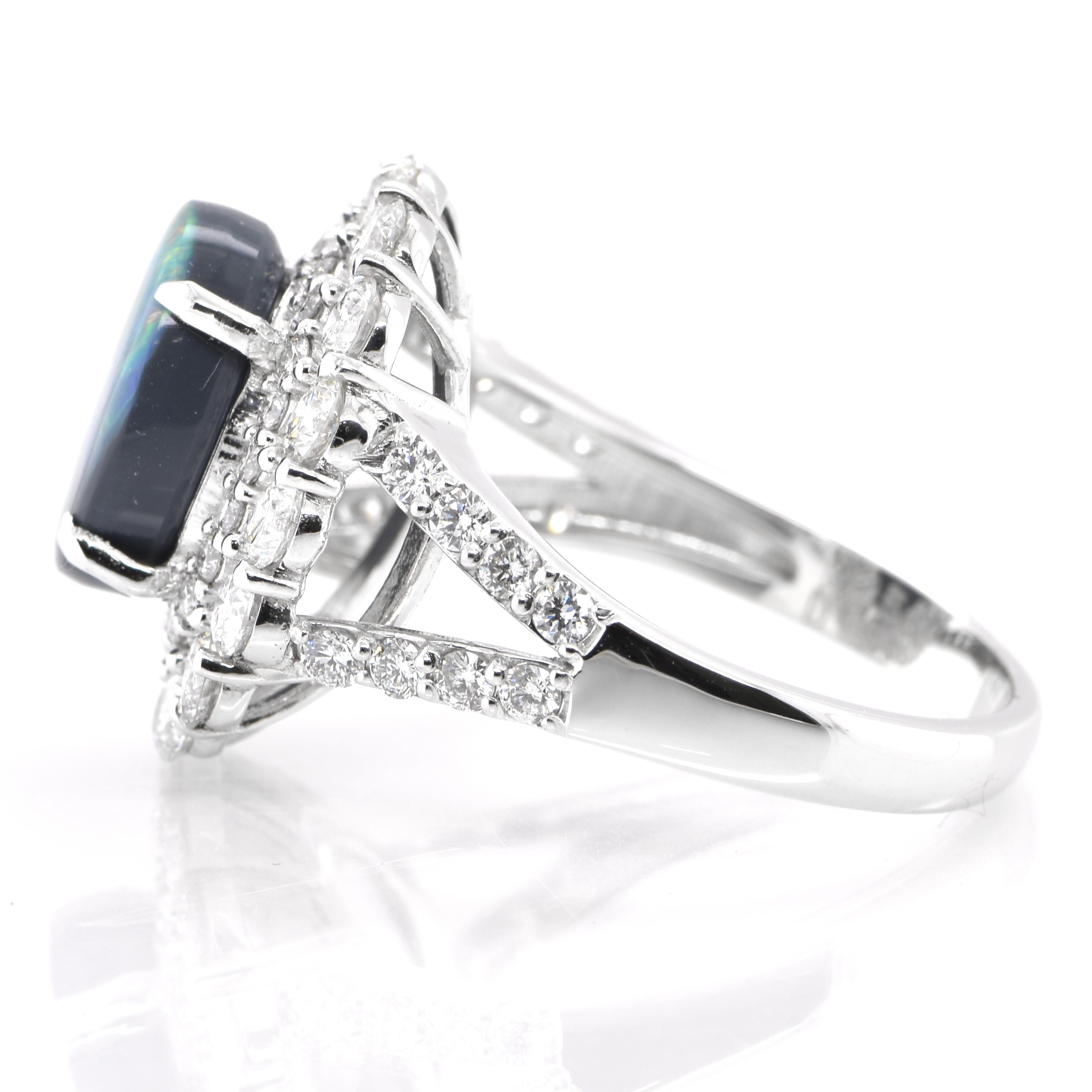 Cabochon 2.56 Carat Natural Lighting Ridge Black Opal & Diamond Halo Ring Set in Platinum For Sale