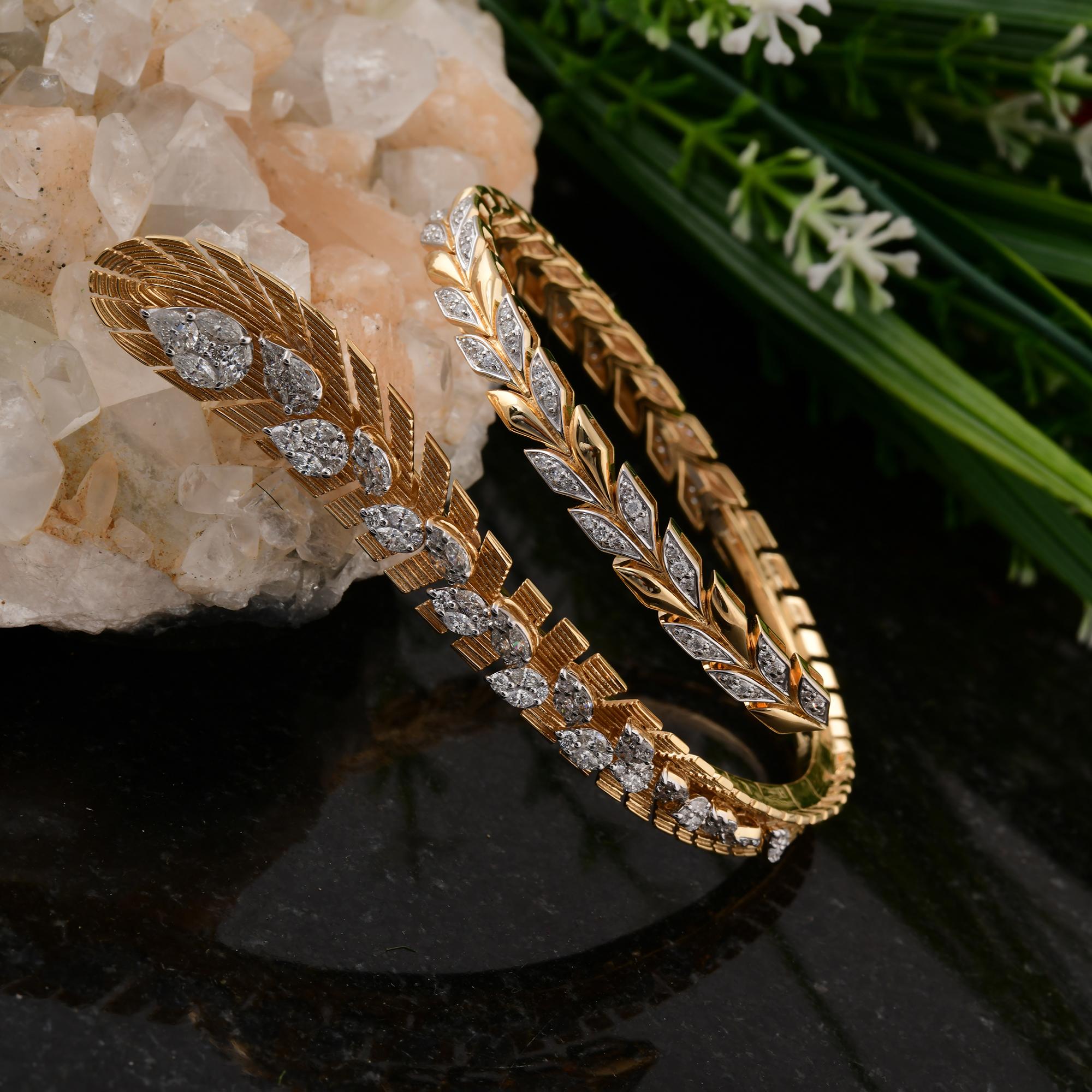 Modern 2.56 Carat SI/H Marquise Round Diamond Wrap Bangle Bracelet 14 Karat Yellow Gold For Sale