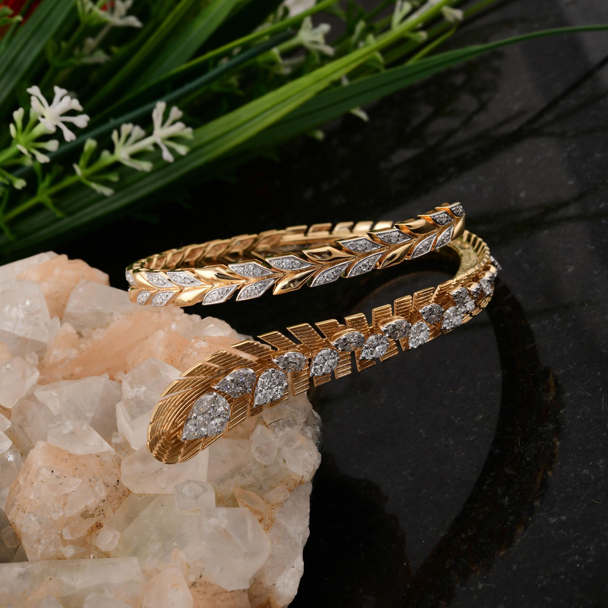 Women's 2.56 Carat SI/H Marquise Round Diamond Wrap Bangle Bracelet 14 Karat Yellow Gold For Sale