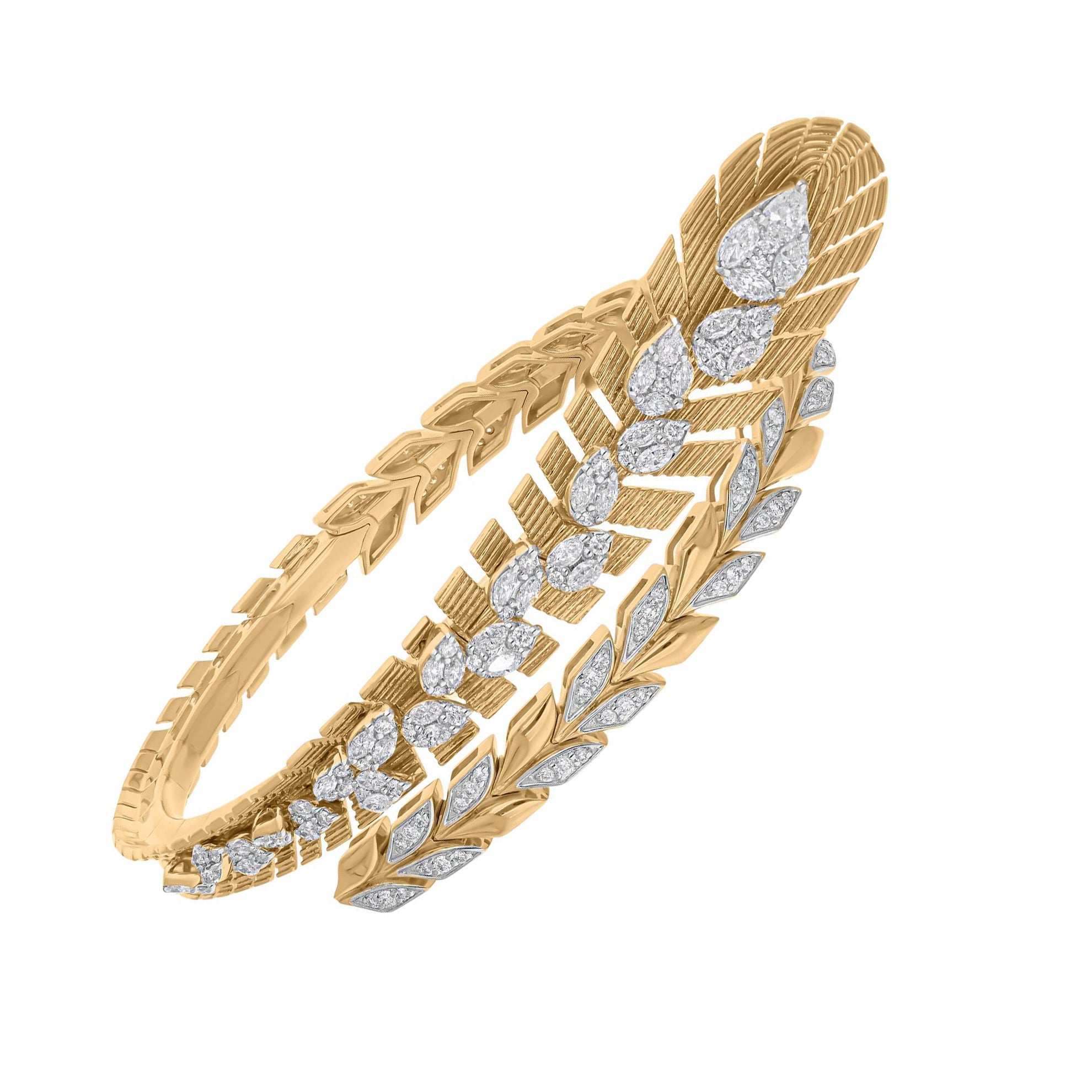 2.56 Carat SI/H Marquise Round Diamond Wrap Bangle Bracelet 14 Karat Yellow Gold