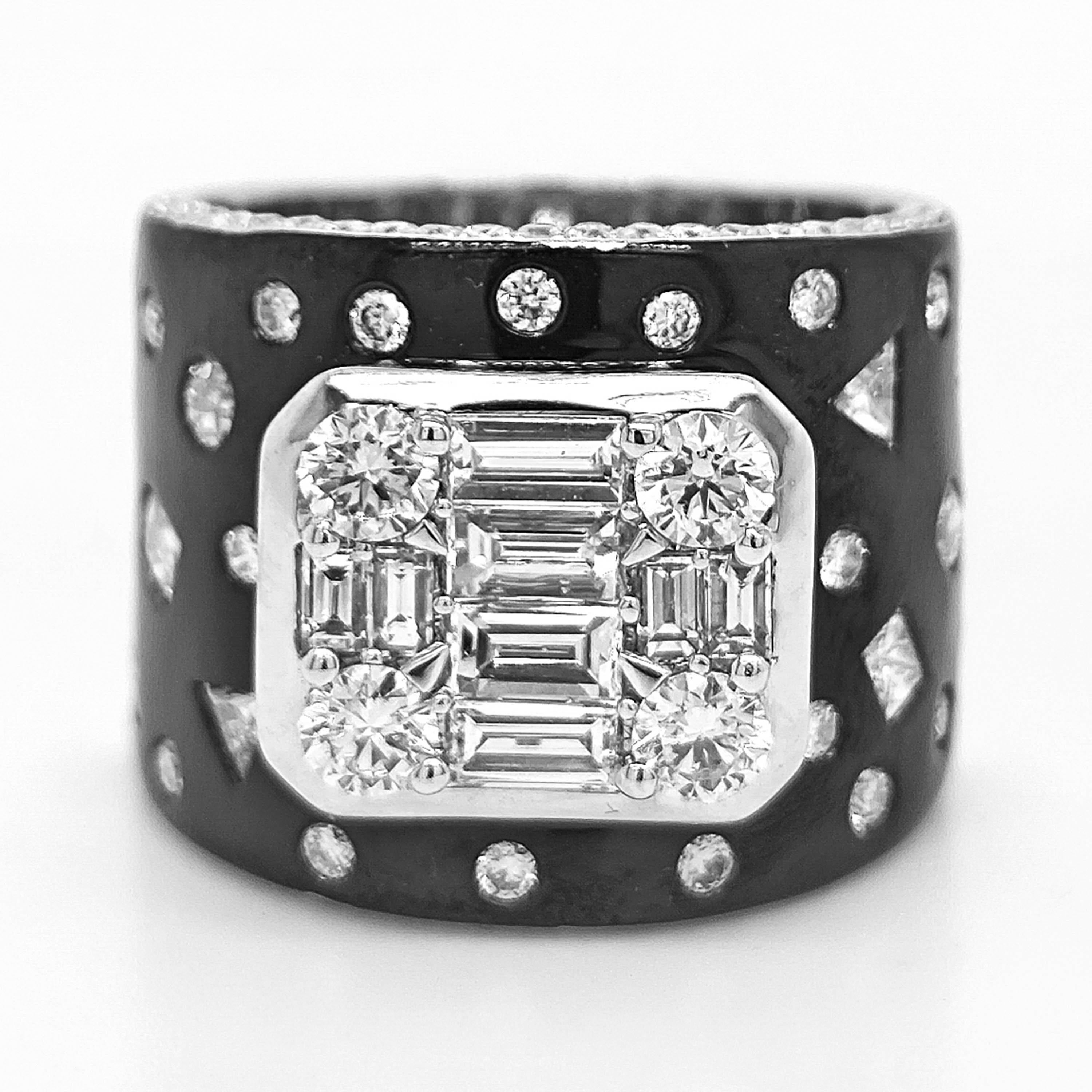 Mixed Cut 2.56 Carat White Diamond White Gold Onyx Ring For Sale