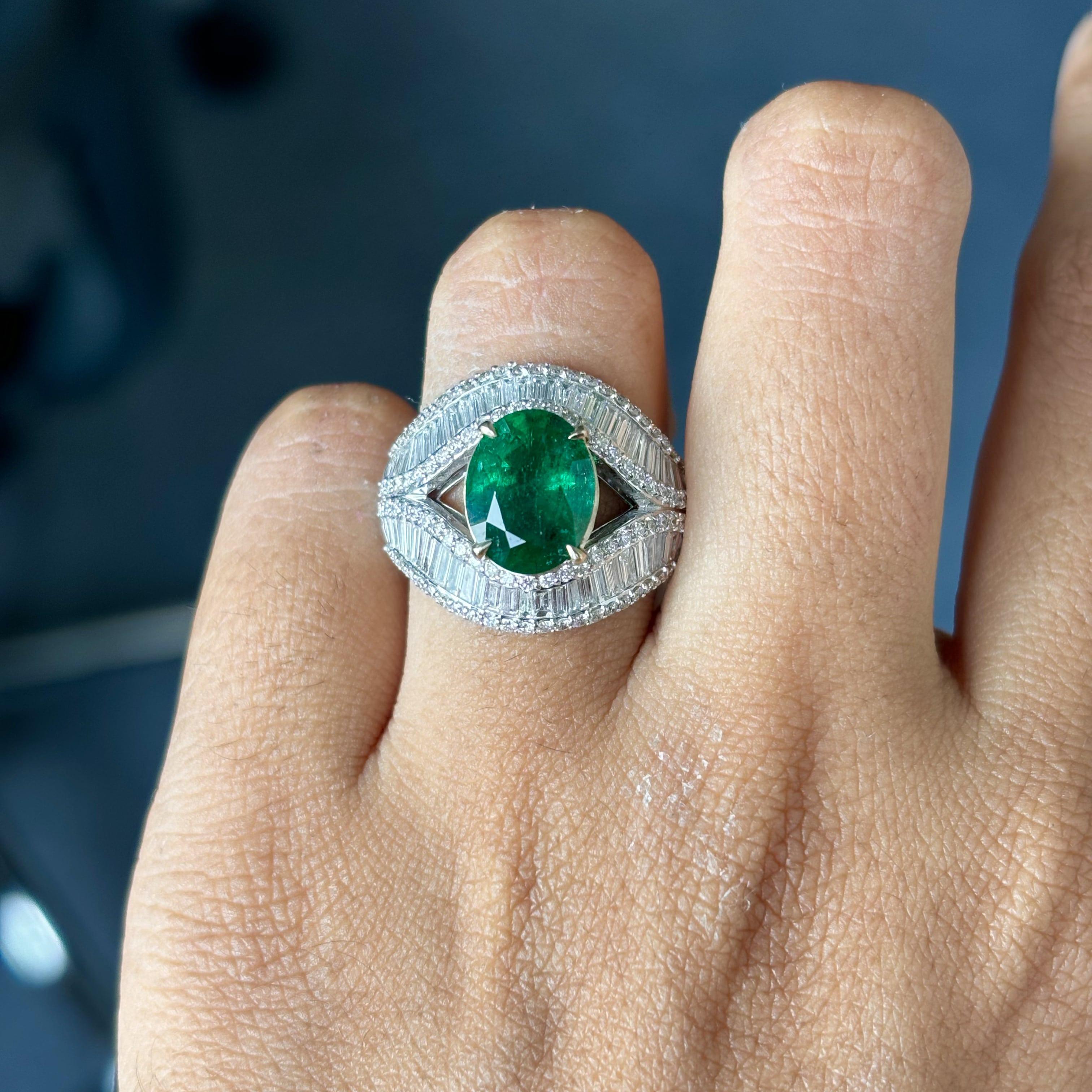 2.56 Carat Zambian Emerald & Baguette Diamonds studded 18K White Gold Ring For Sale 4