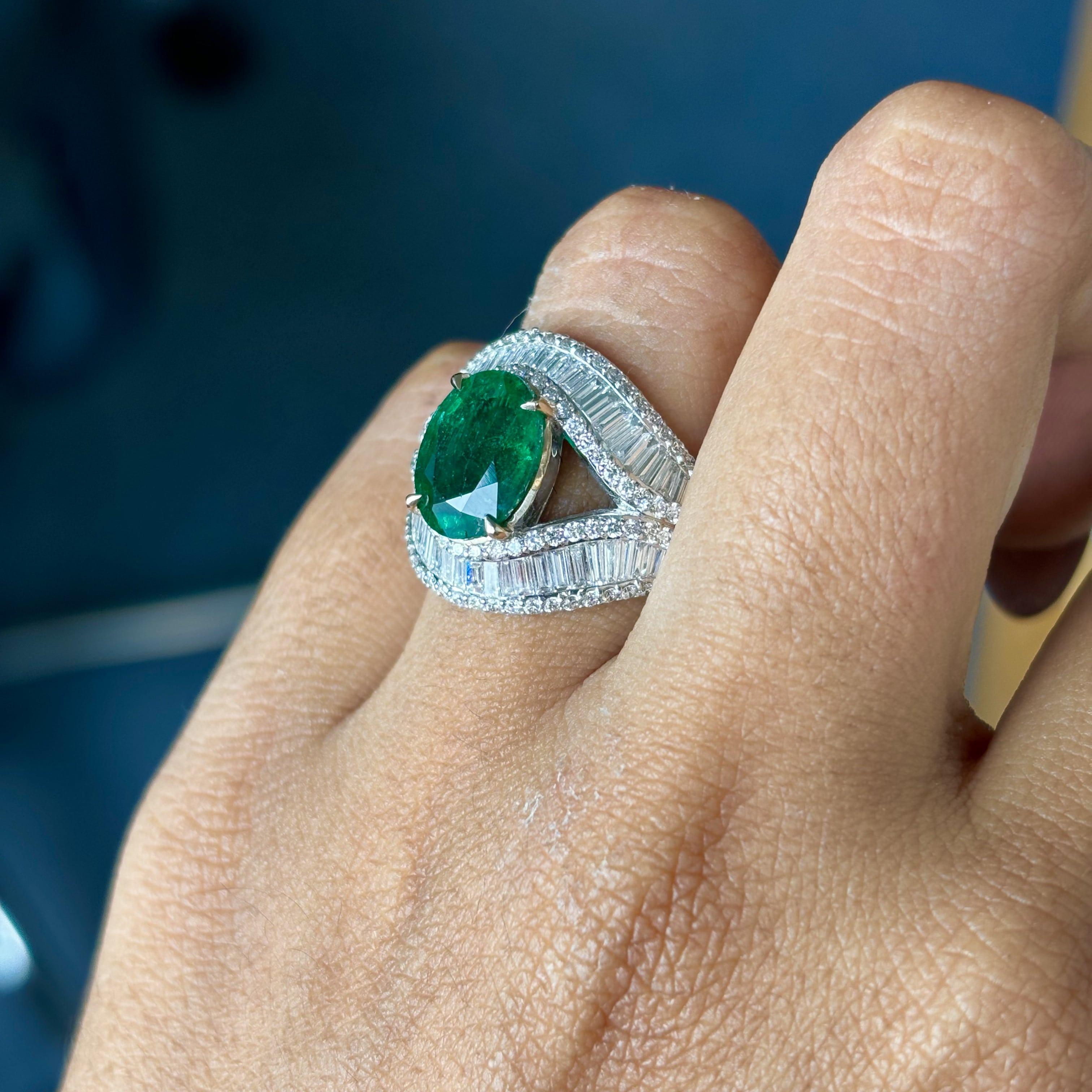 2.56 Carat Zambian Emerald & Baguette Diamonds studded 18K White Gold Ring For Sale 5