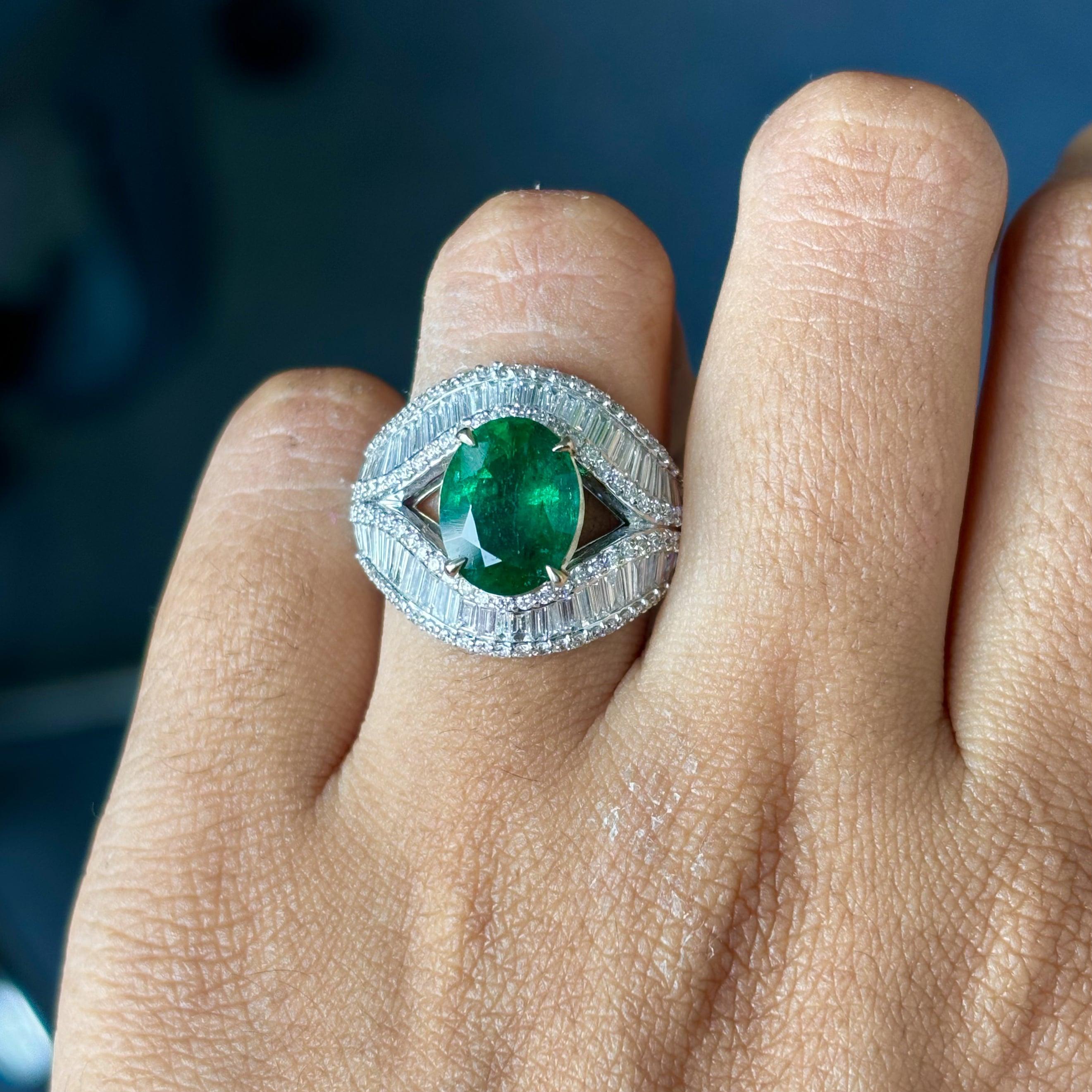 2.56 Carat Zambian Emerald & Baguette Diamonds studded 18K White Gold Ring For Sale 6