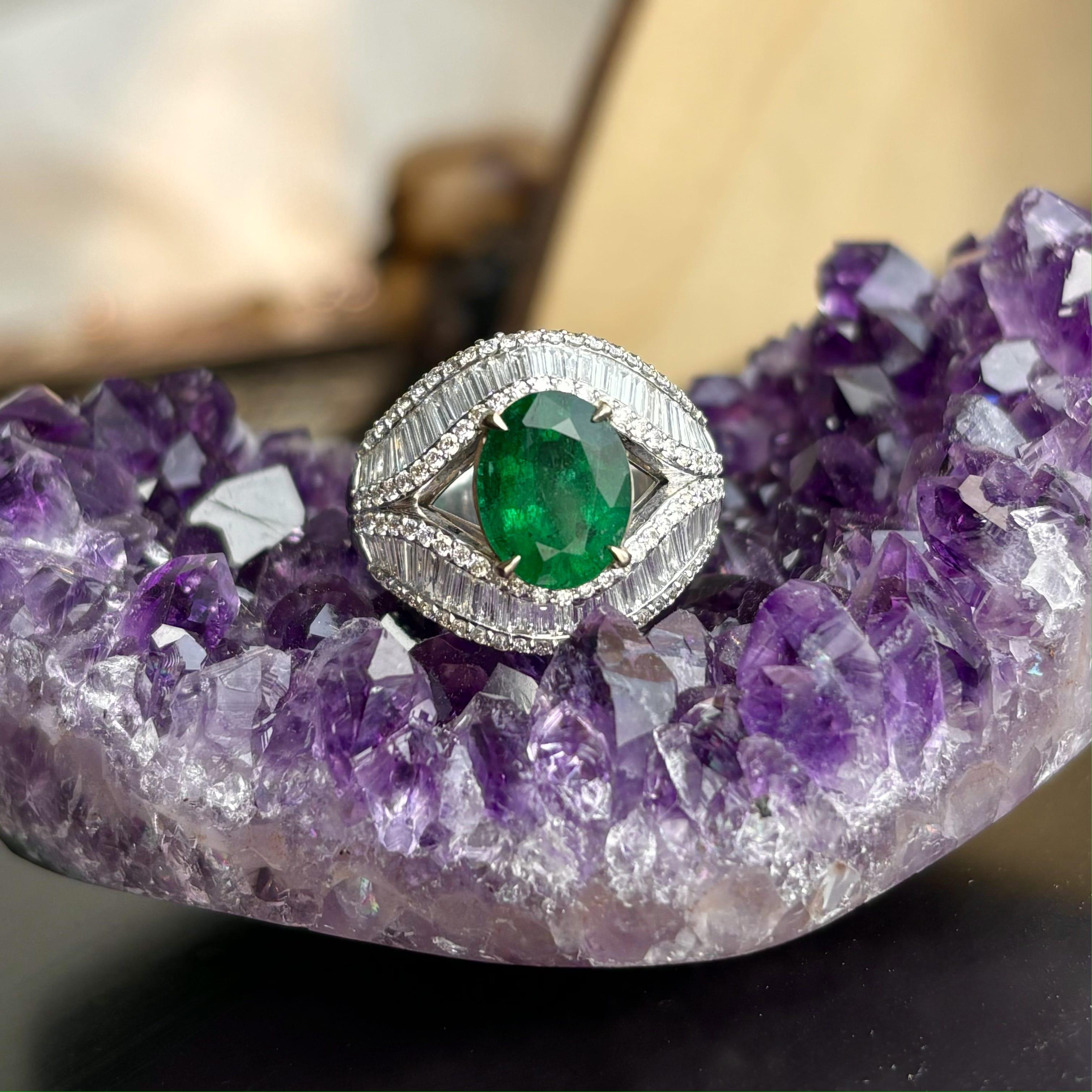 Victorian 2.56 Carat Zambian Emerald & Baguette Diamonds studded 18K White Gold Ring For Sale