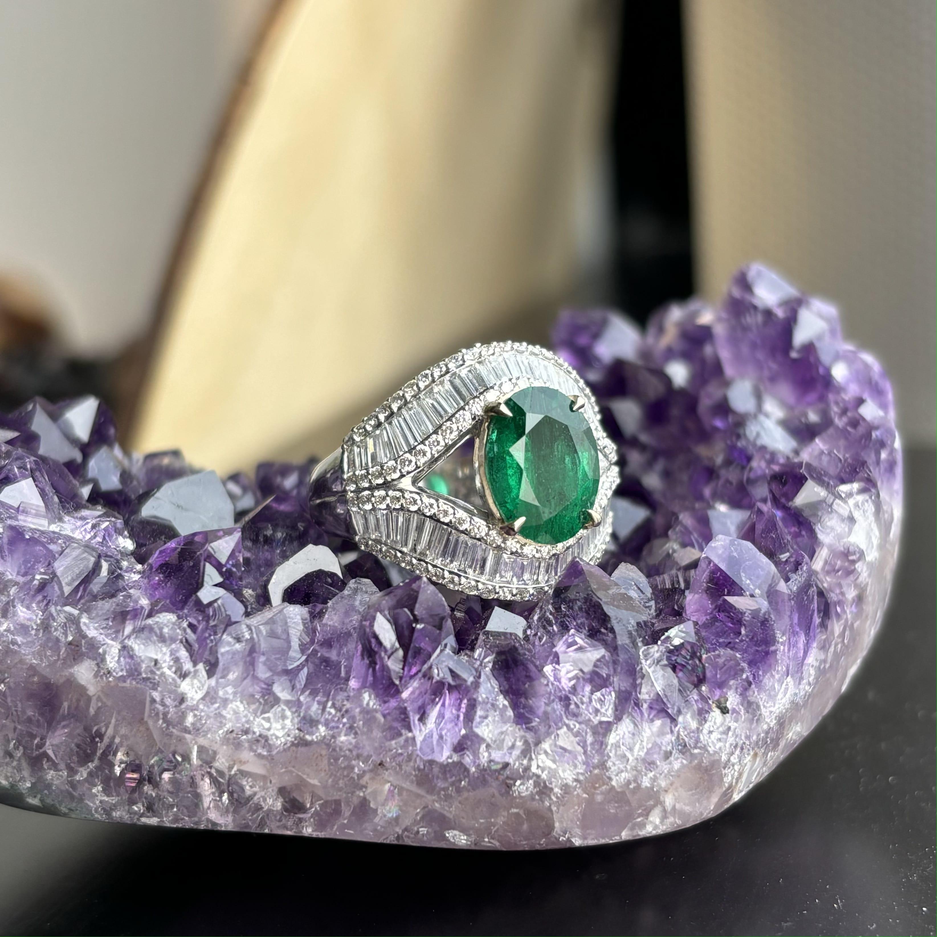 Baguette Cut 2.56 Carat Zambian Emerald & Baguette Diamonds studded 18K White Gold Ring For Sale