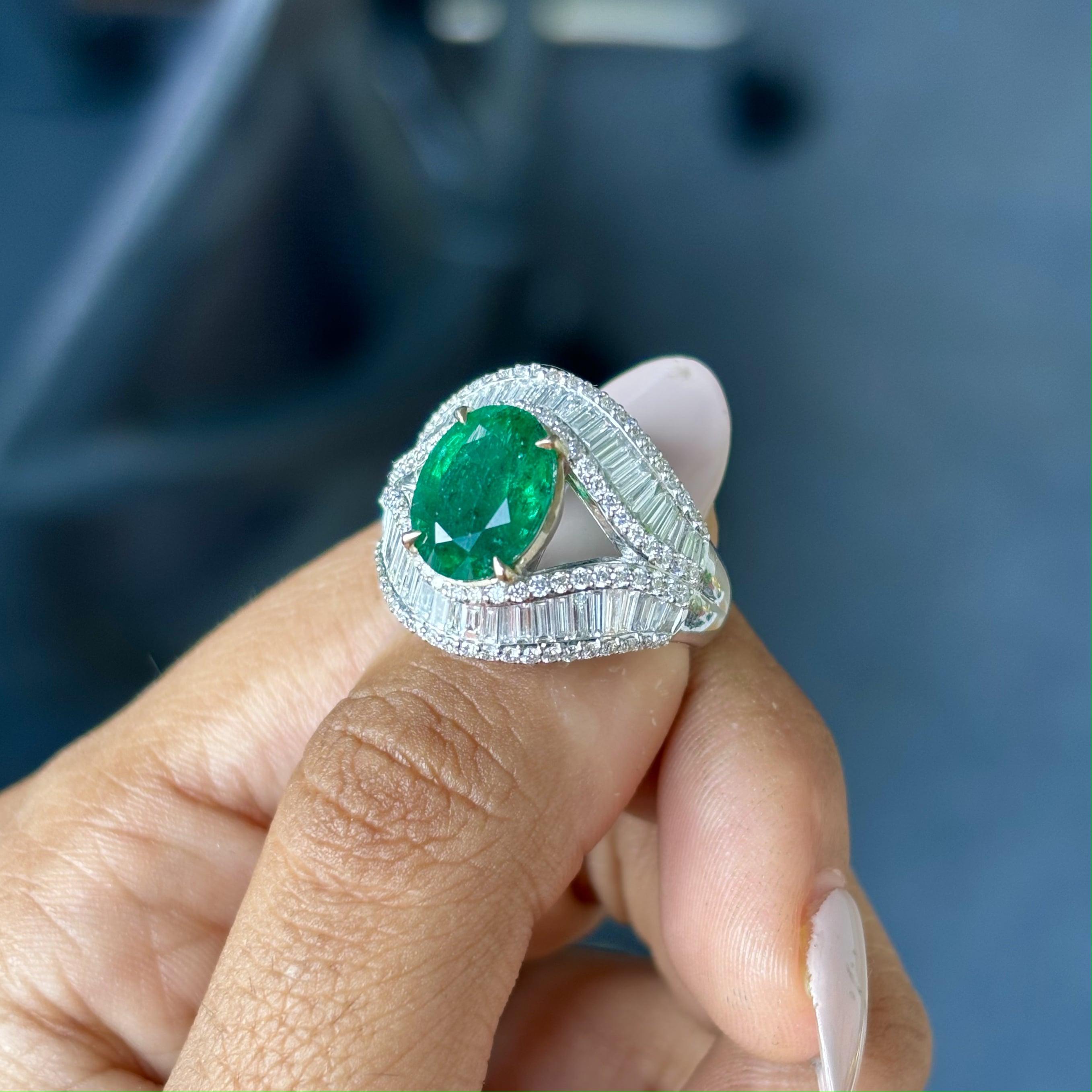 2.56 Carat Zambian Emerald & Baguette Diamonds studded 18K White Gold Ring For Sale 1